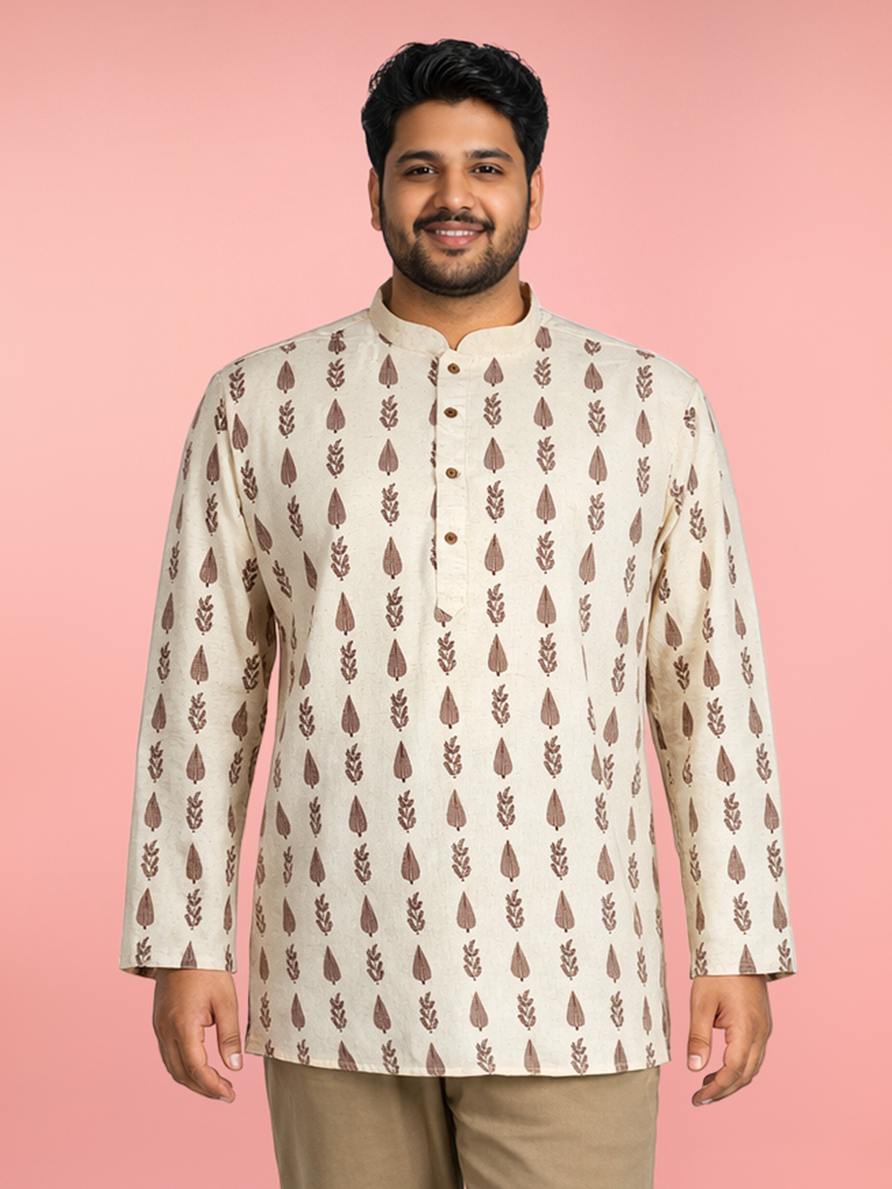 Men's Beige Cotton Ethnic Motiff Thigh Length Kurta