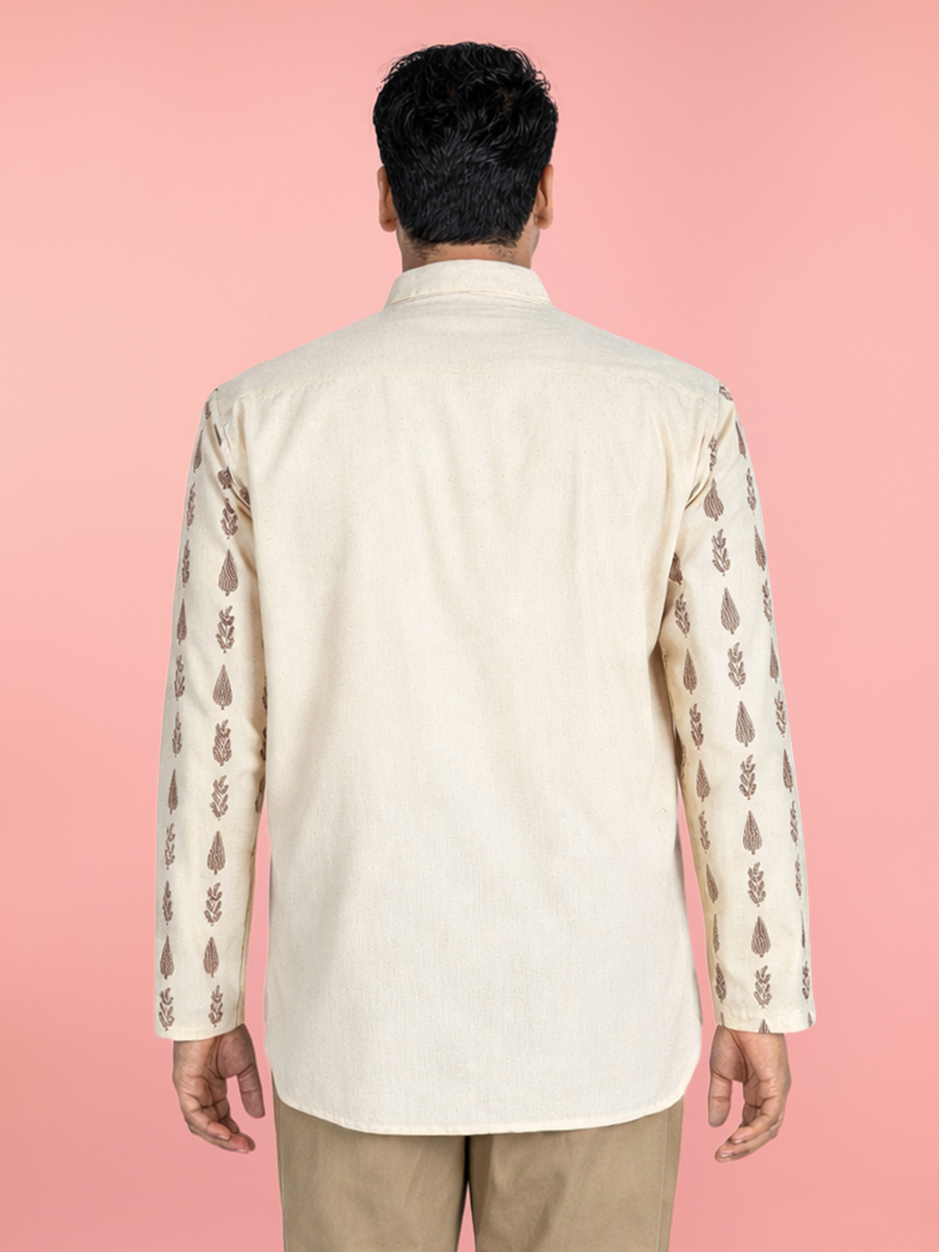 Men's Beige Cotton Ethnic Motiff Thigh Length Kurta