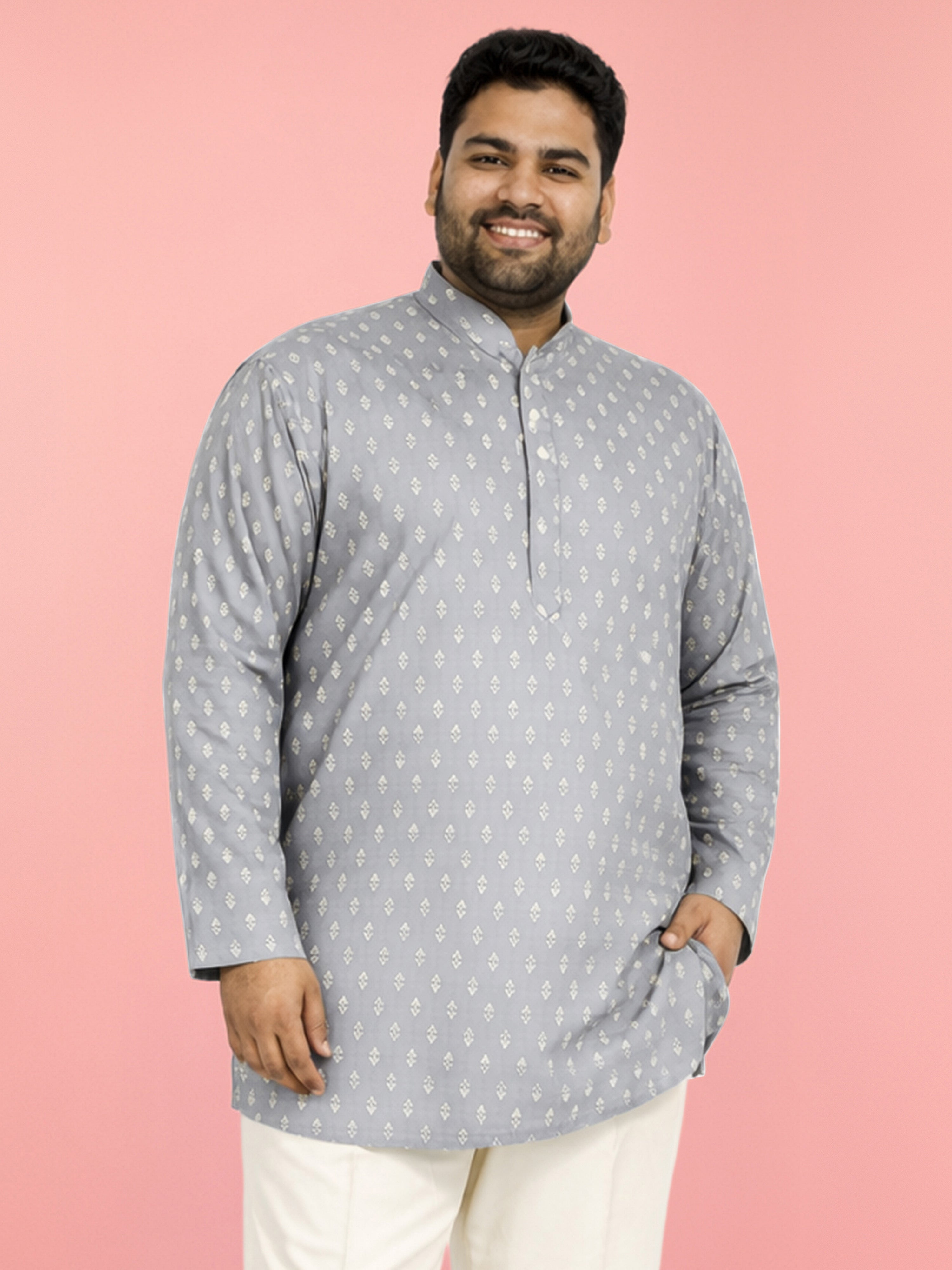 Men's Grey Cambric Cotton Ethnic Motif Print Kurta