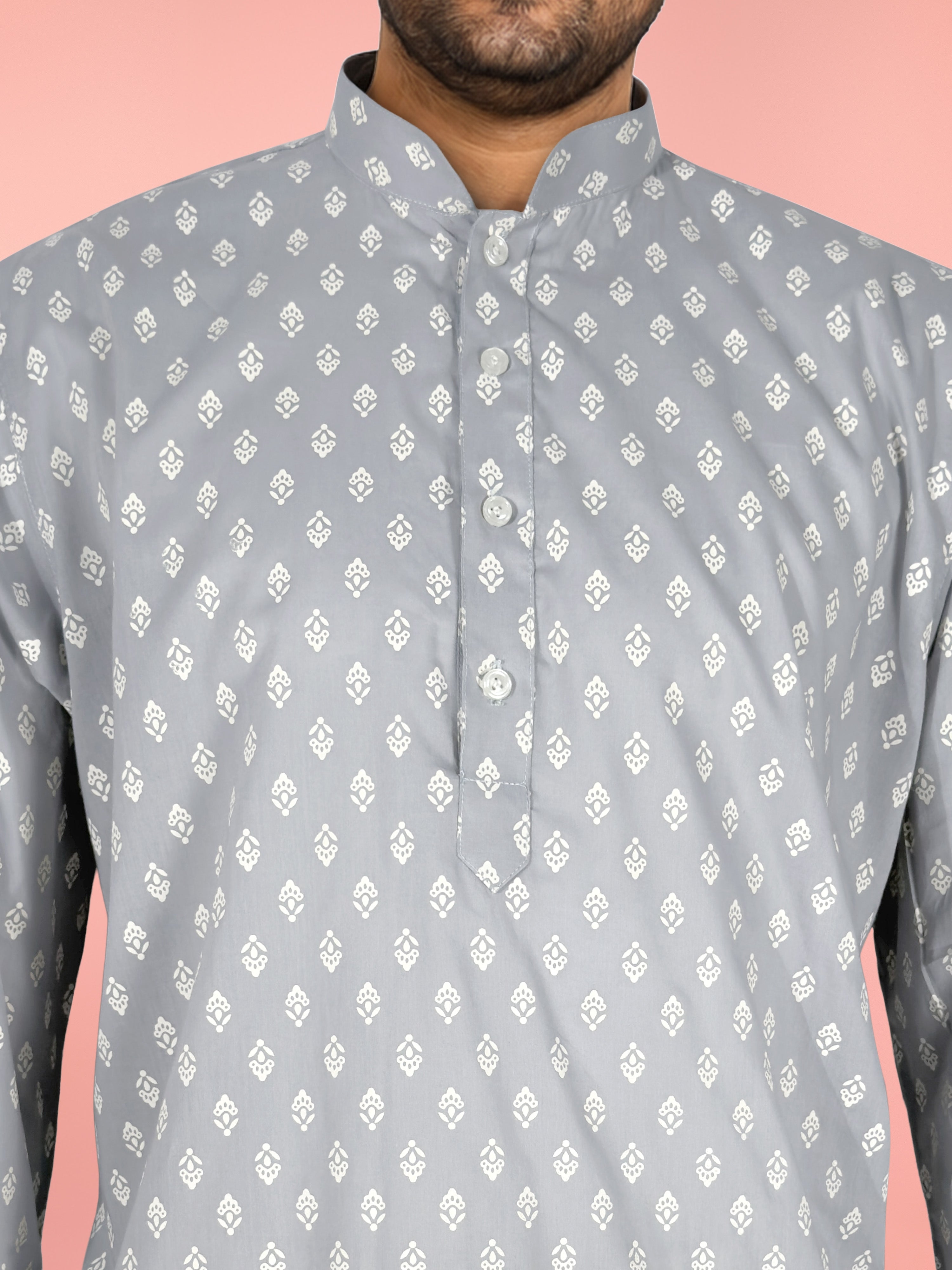 Men's Grey Cambric Cotton Ethnic Motiff Thigh Length Kurta