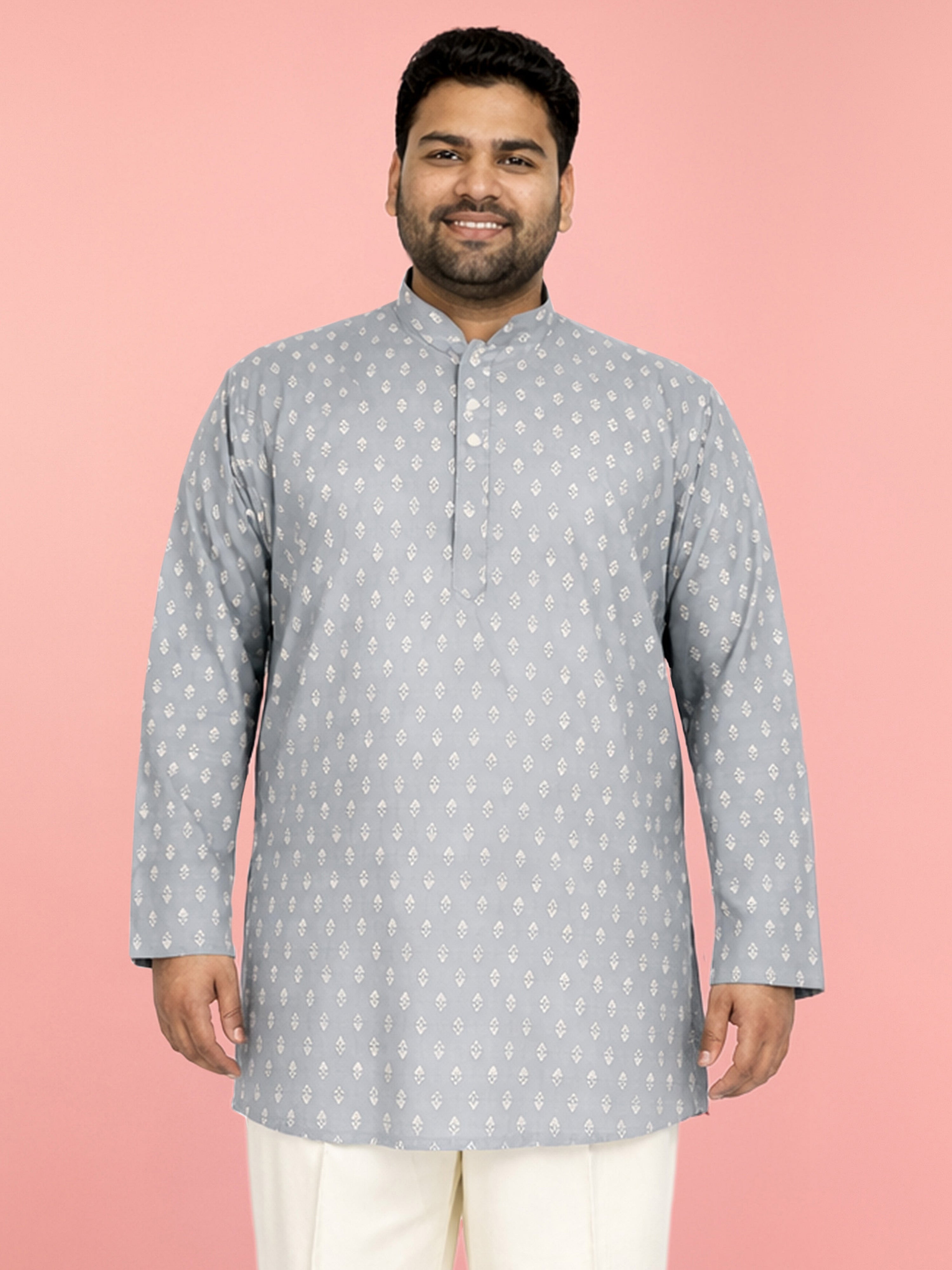 Men's Grey Cambric Cotton Ethnic Motiff Thigh Length Kurta