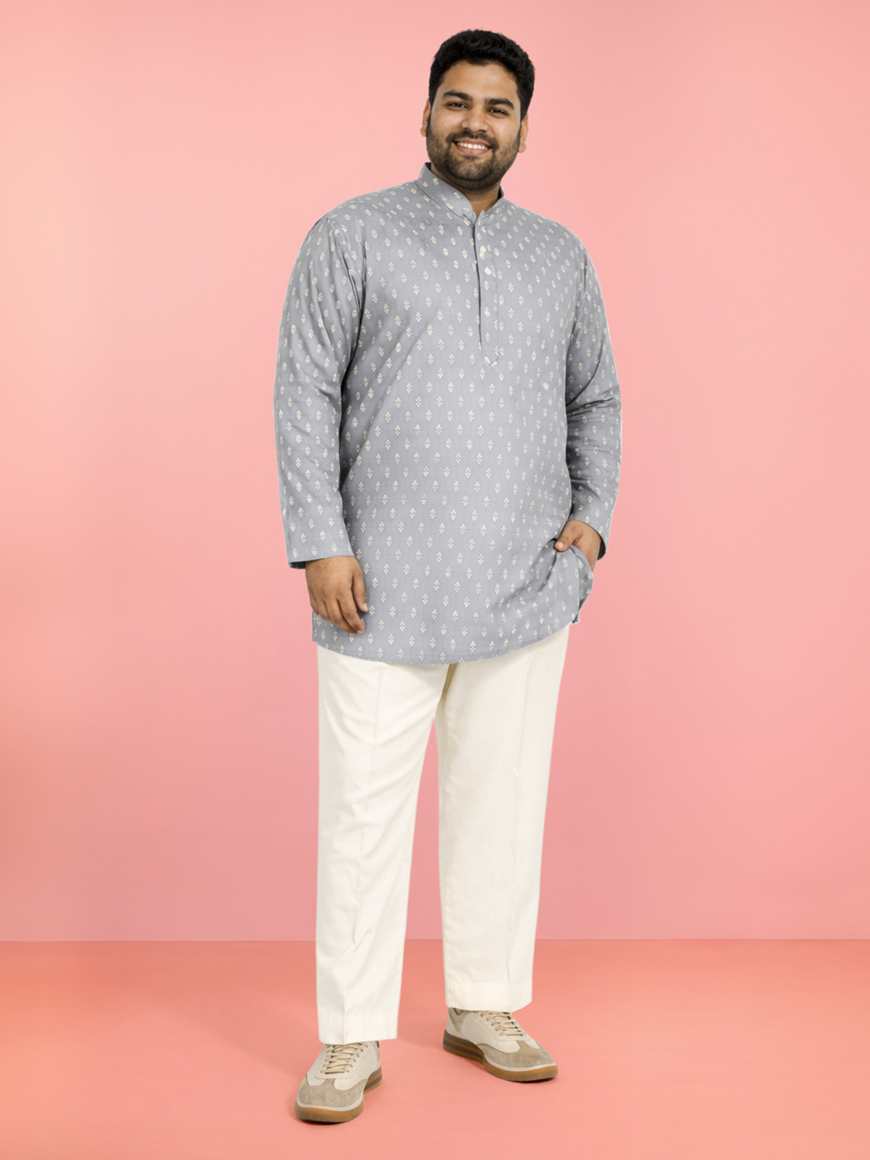 Men's Grey Cambric Cotton Ethnic Motiff Thigh Length Kurta