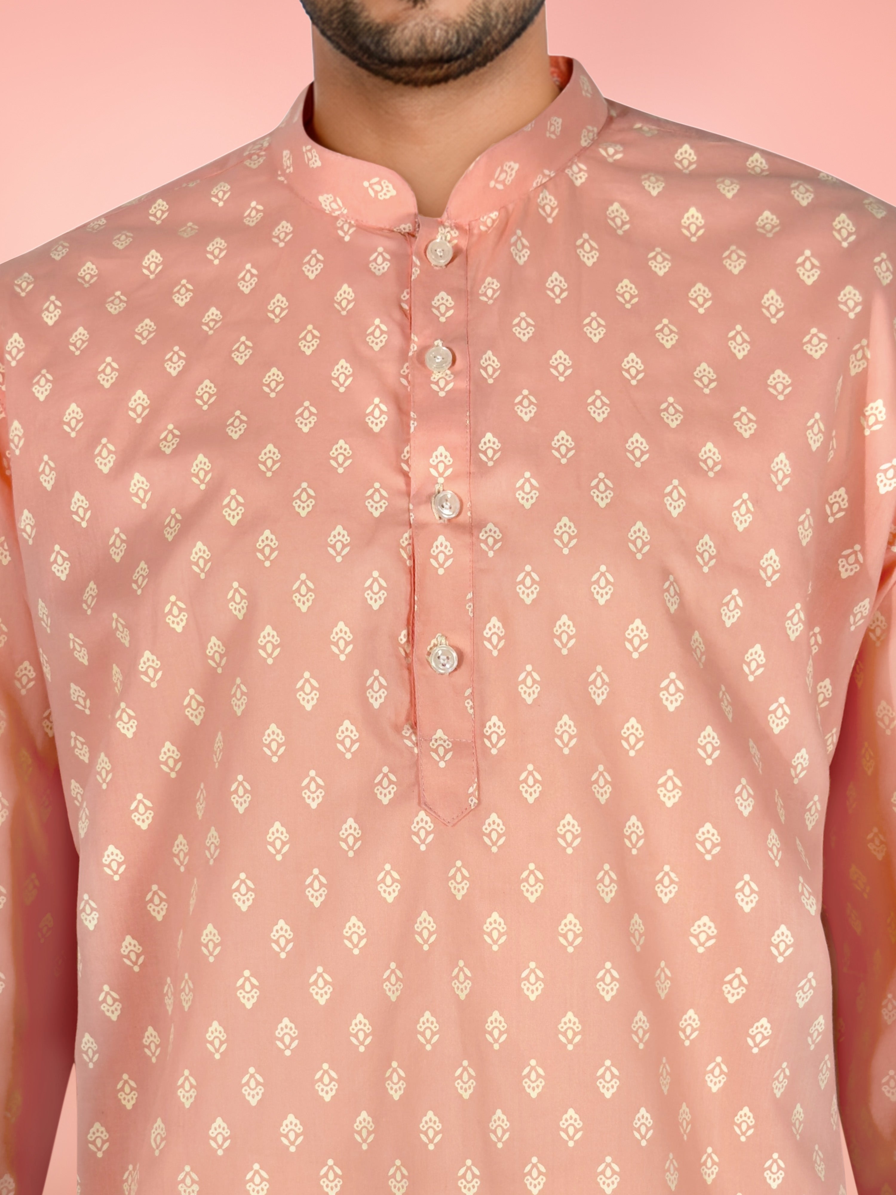 Men's Pink Cambric Cotton Ethnic Motiff Regular Kurta