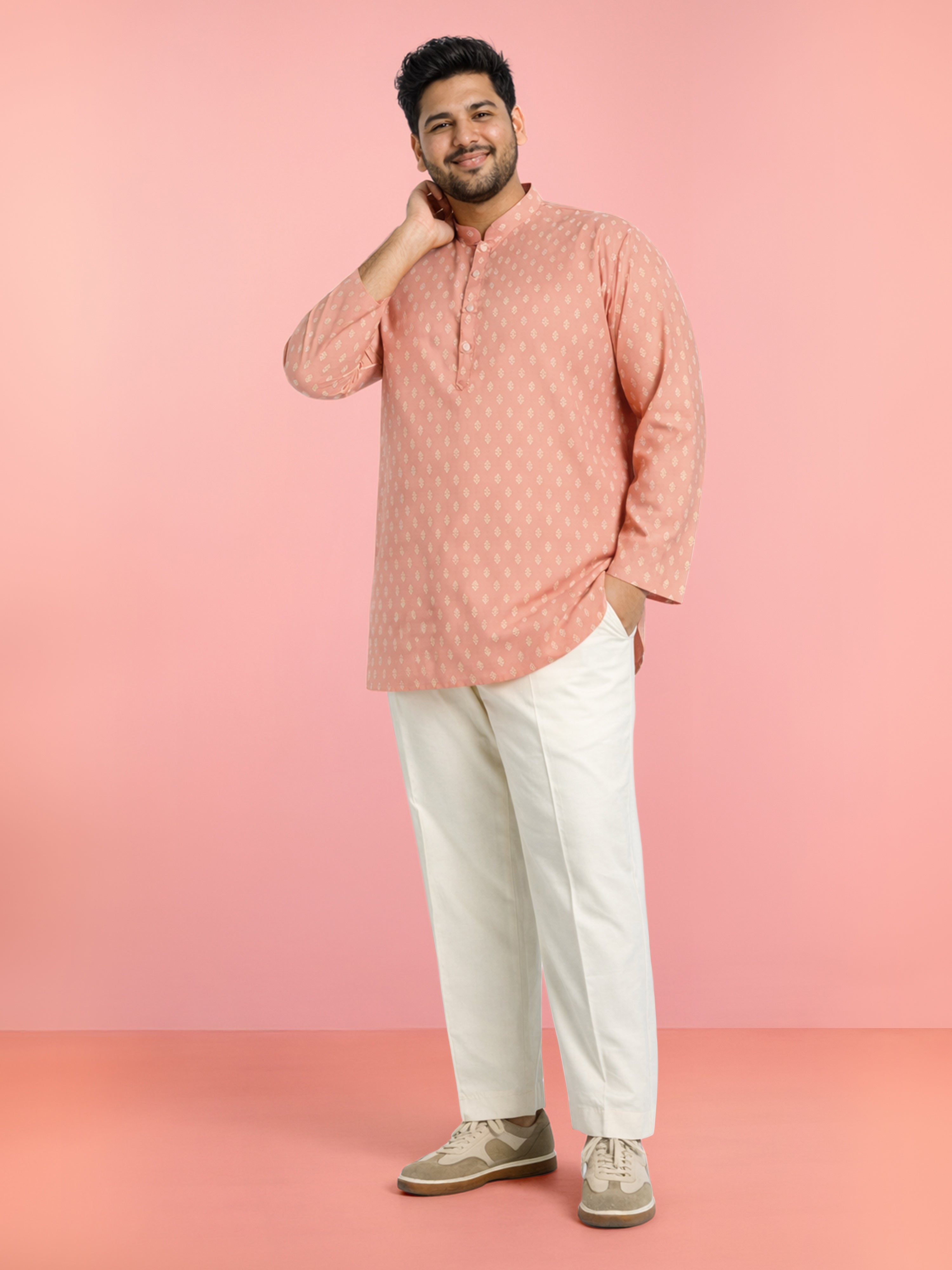 Men's Pink Cambric Cotton Ethnic Motiff Regular Kurta