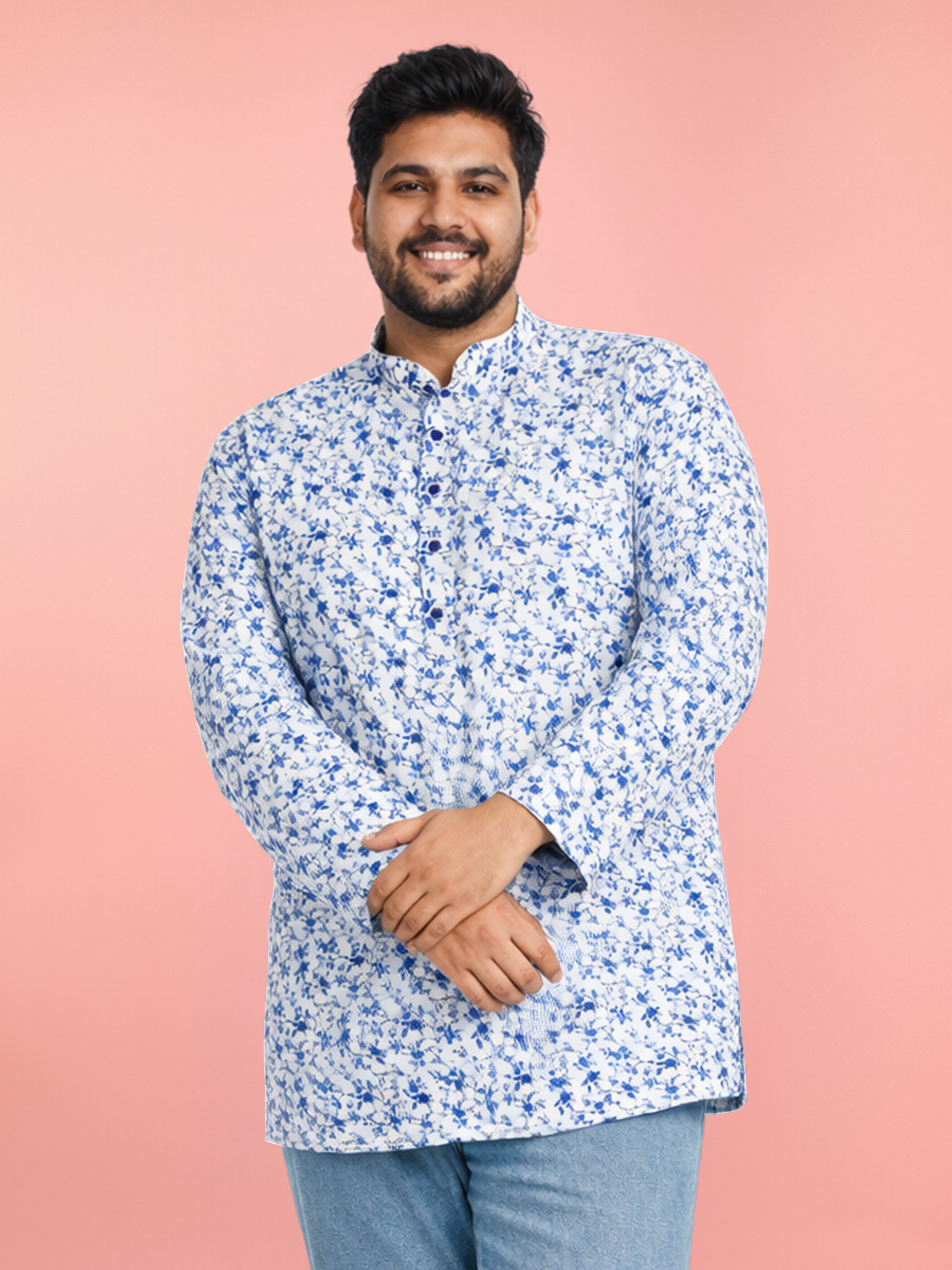 Men's White & Blue Cotton Floral Print Kurta | Full Sleeve