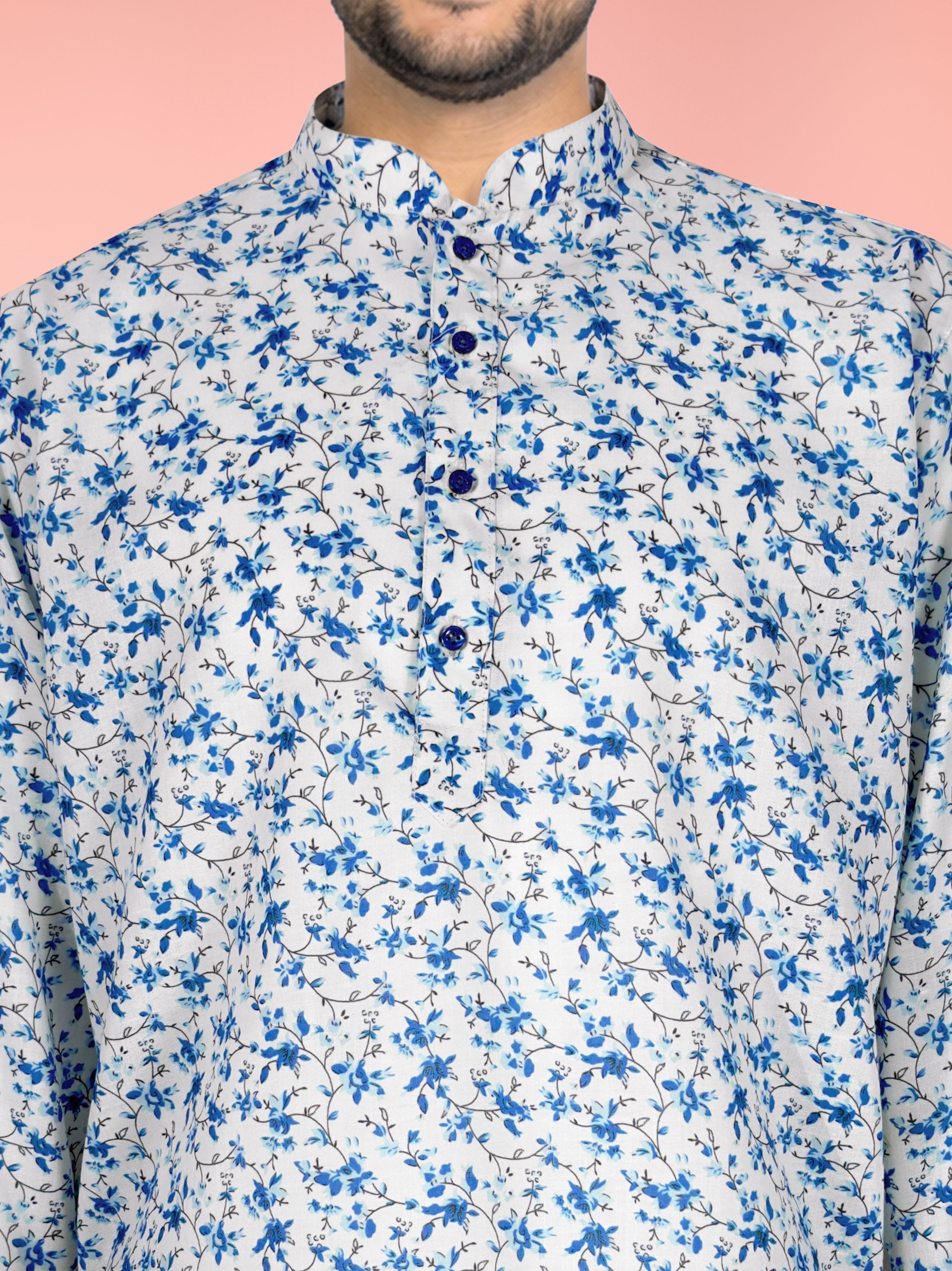 Men's White Cotton Floral Regular Kurta