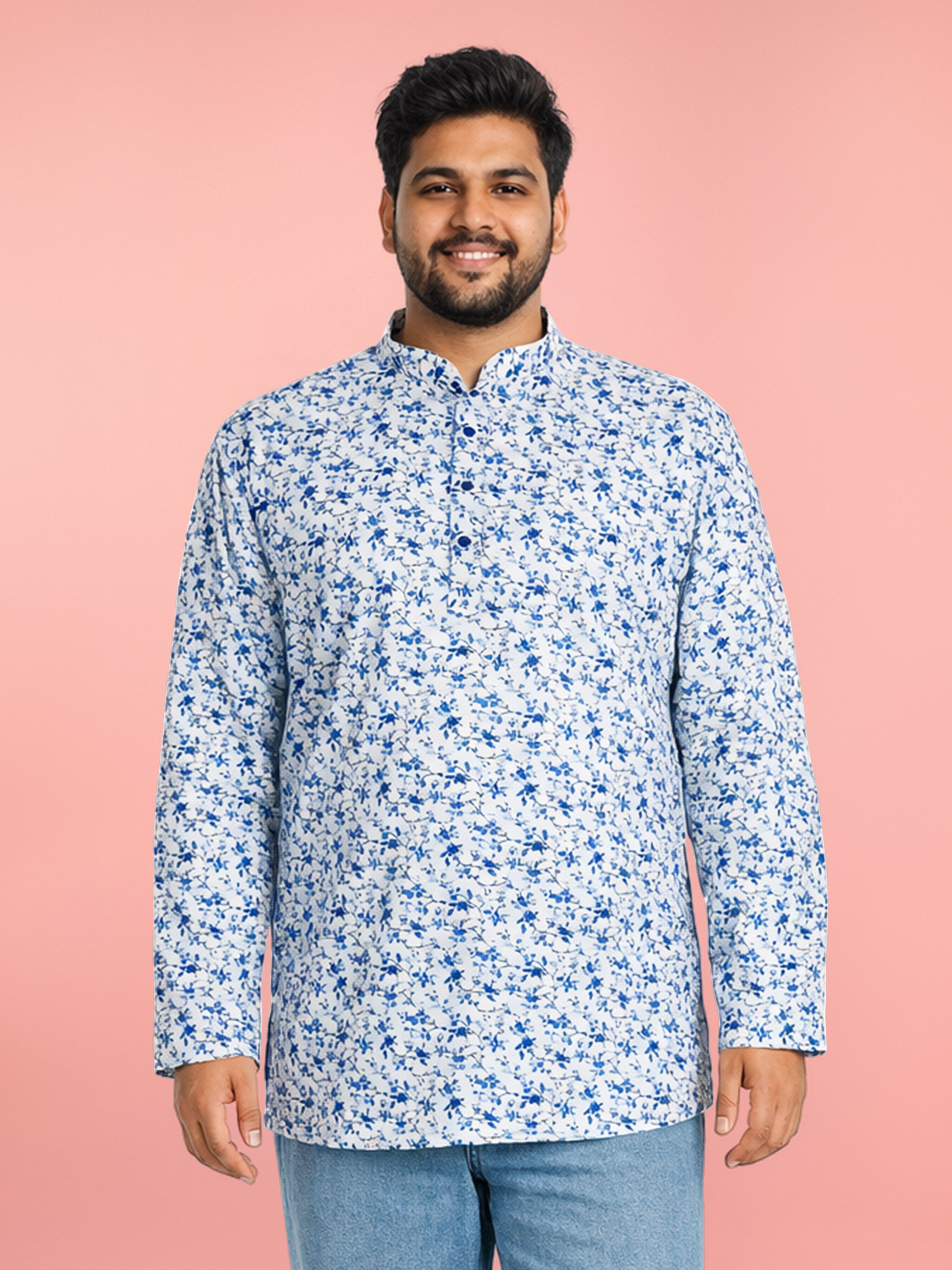 Men's White Cotton Floral Regular Kurta
