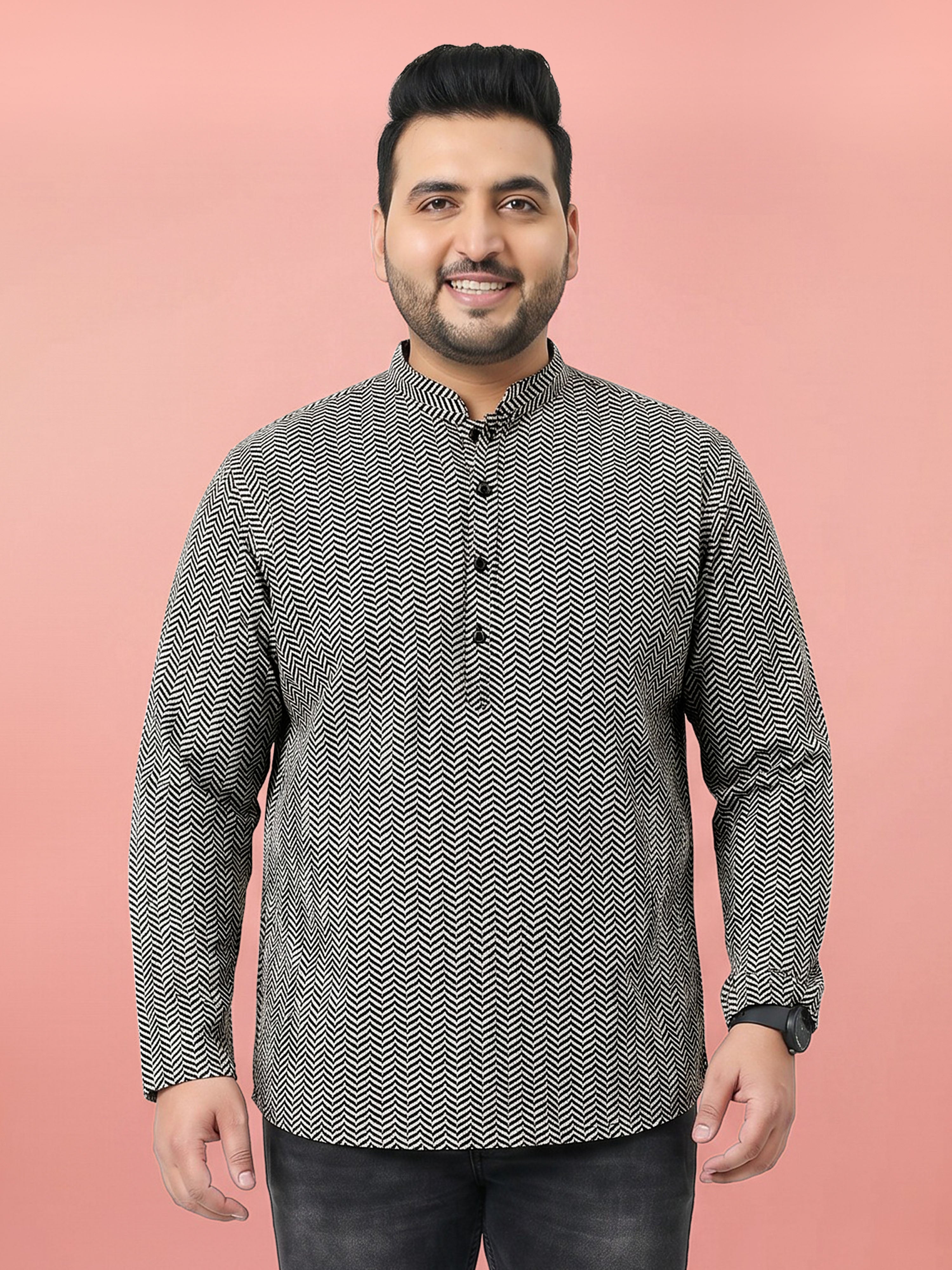 Men's Black Cotton Geometric Print Mandarin Collar Kurta