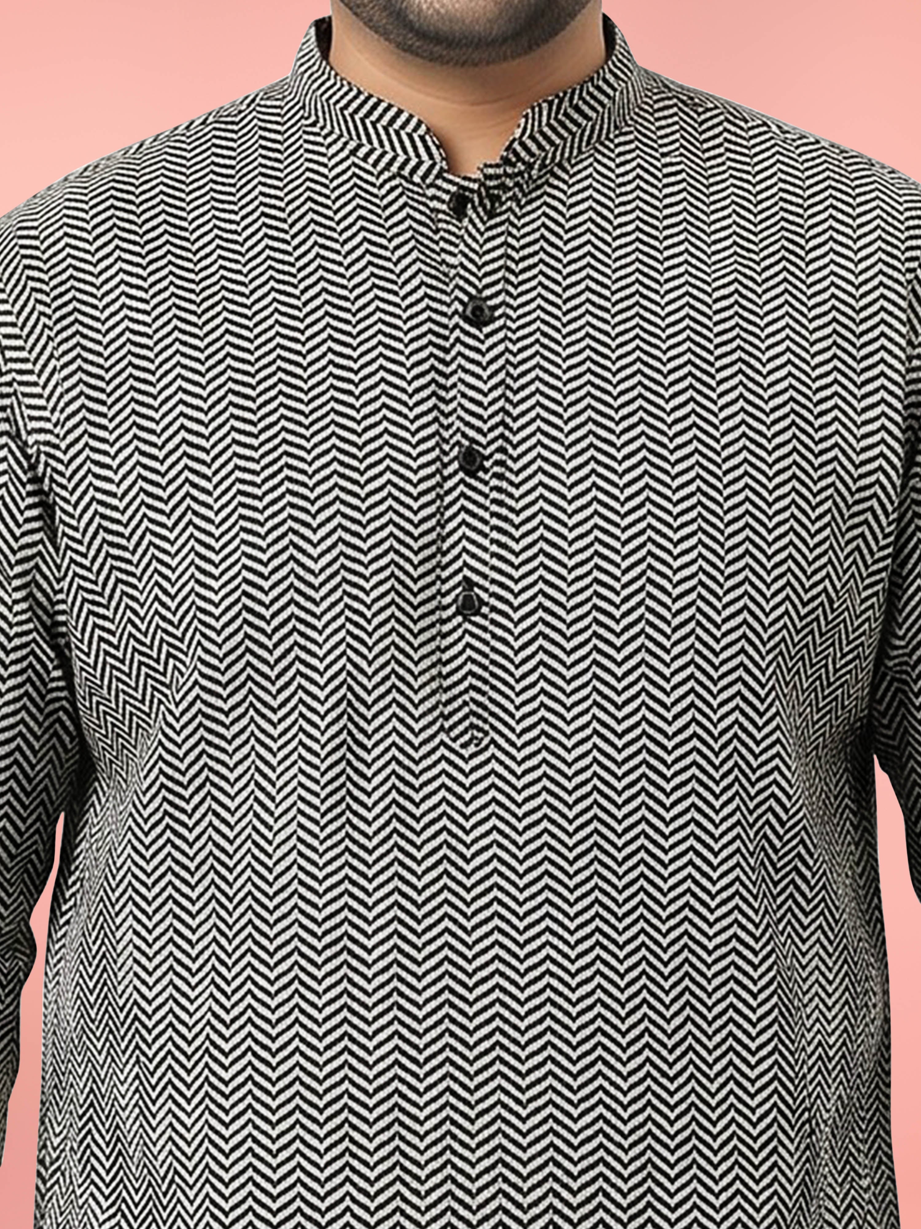 Men's Black Cotton Geometry Regular Kurta