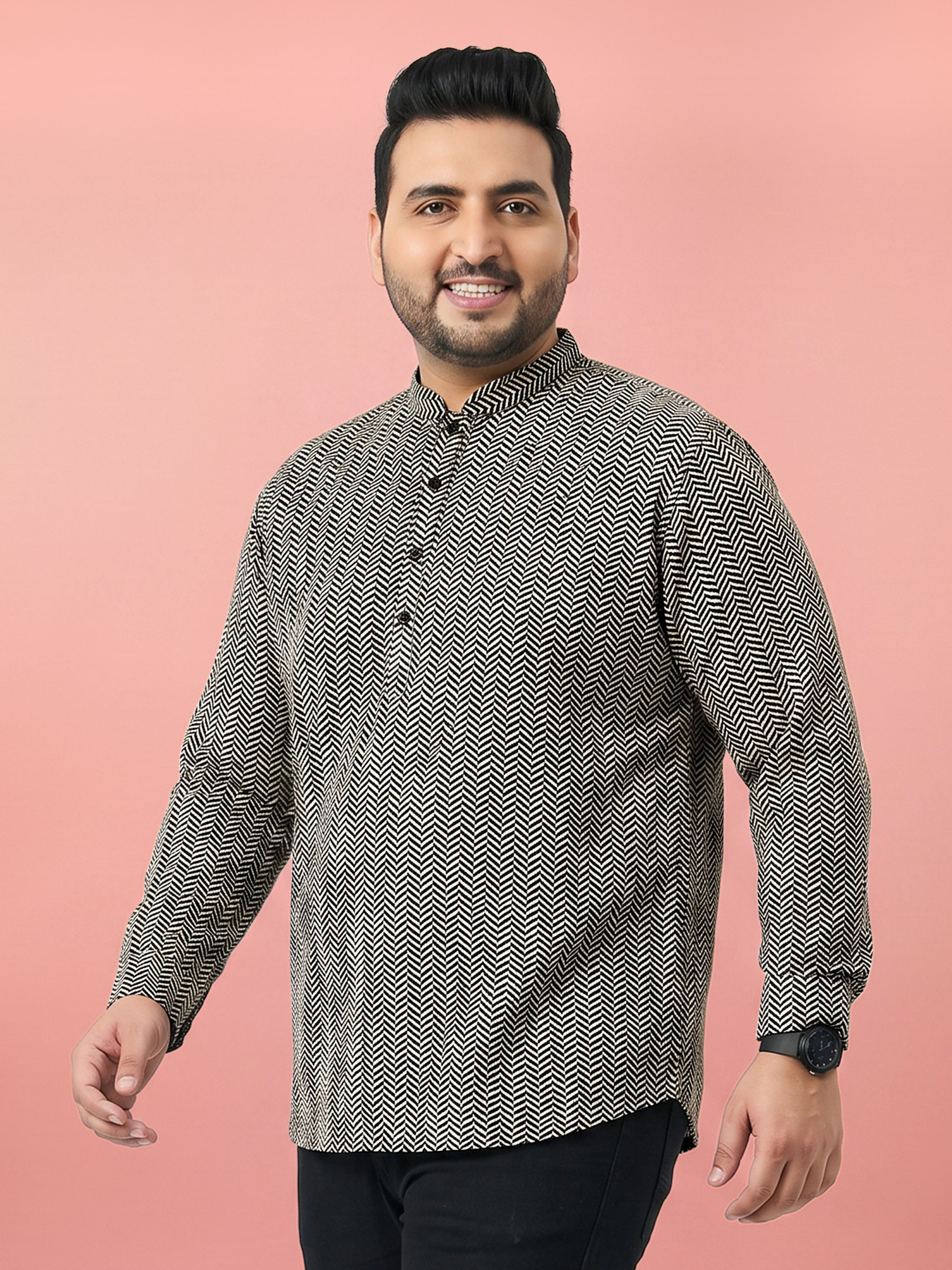 Men's Black Cotton Geometry Regular Kurta