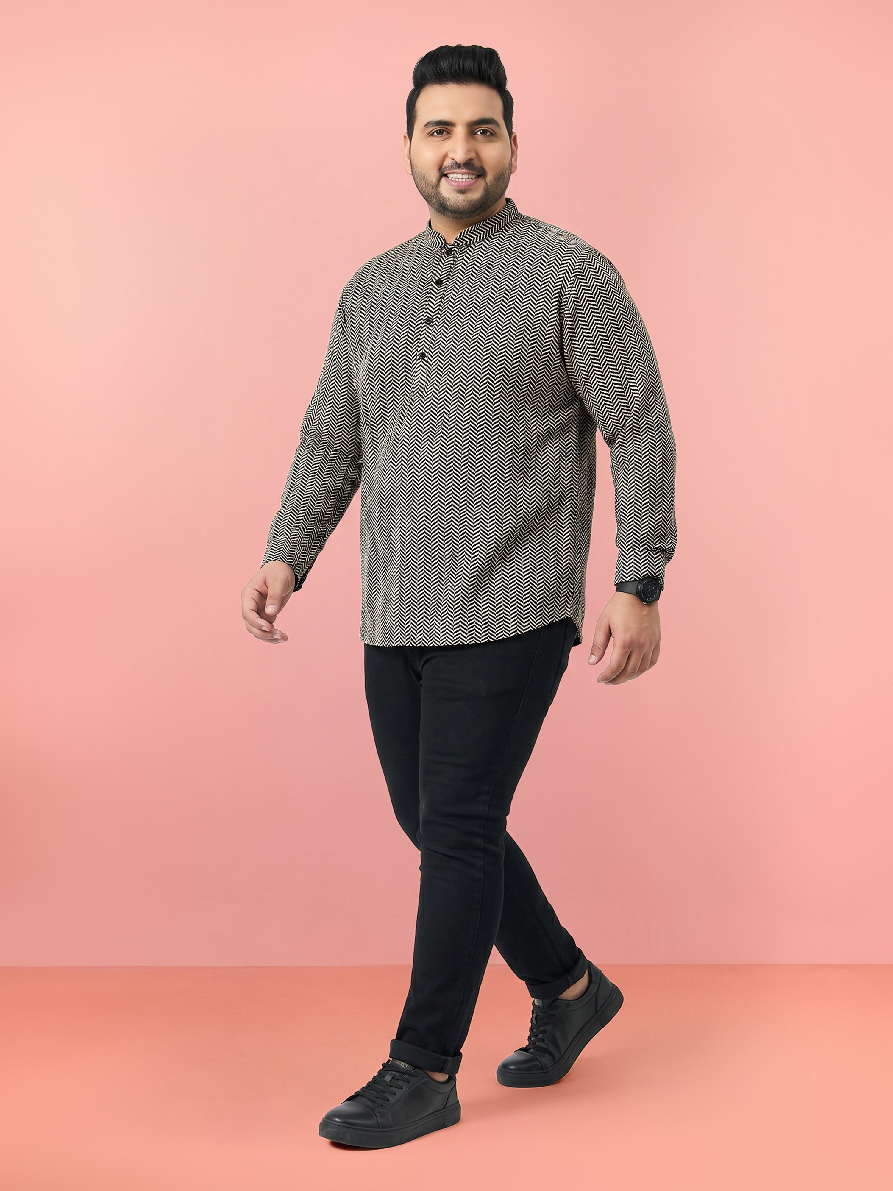 Men's Black Cotton Geometry Regular Kurta