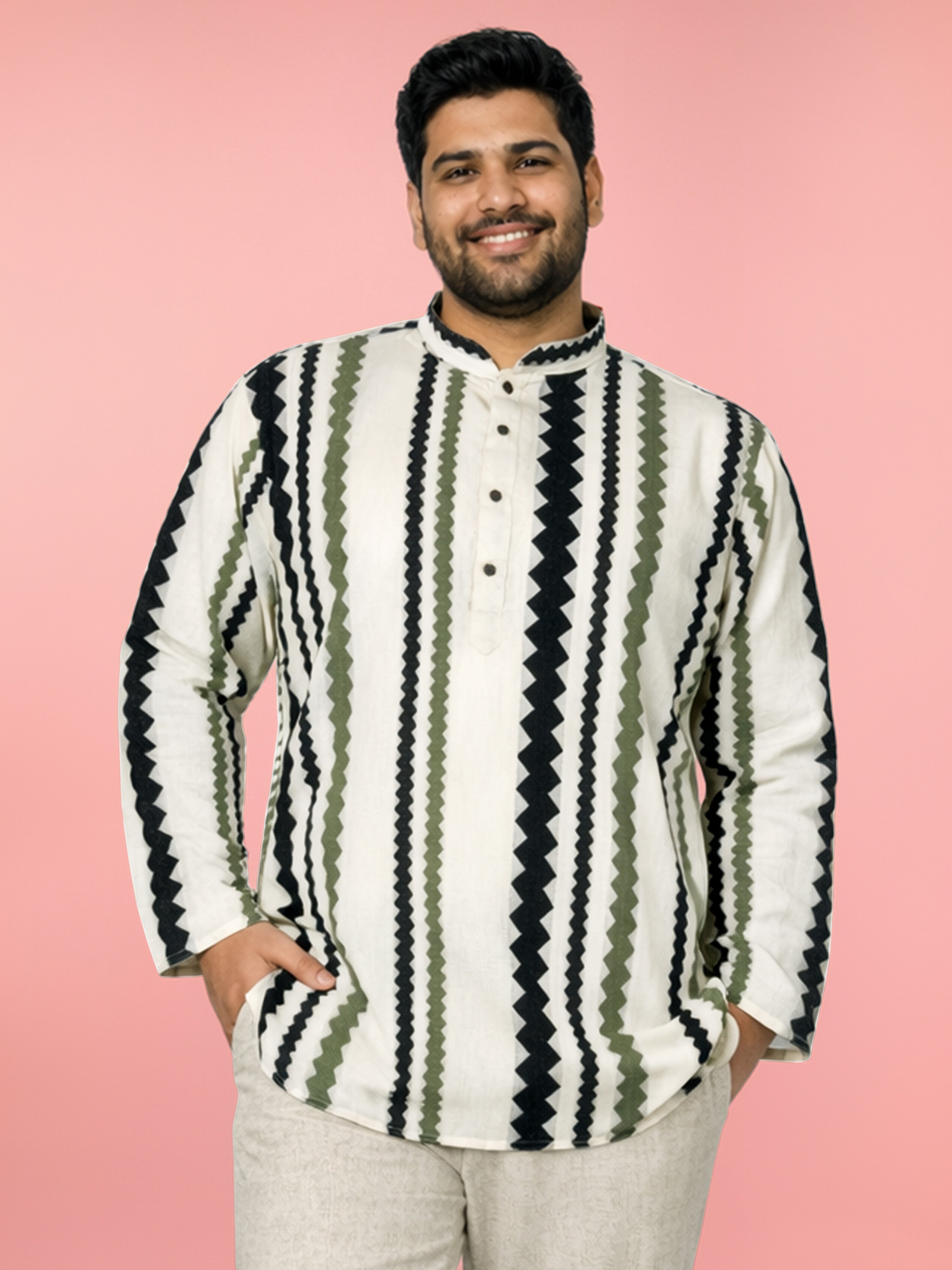 Off-White Cotton Geometric Stripe Print Men's Kurta