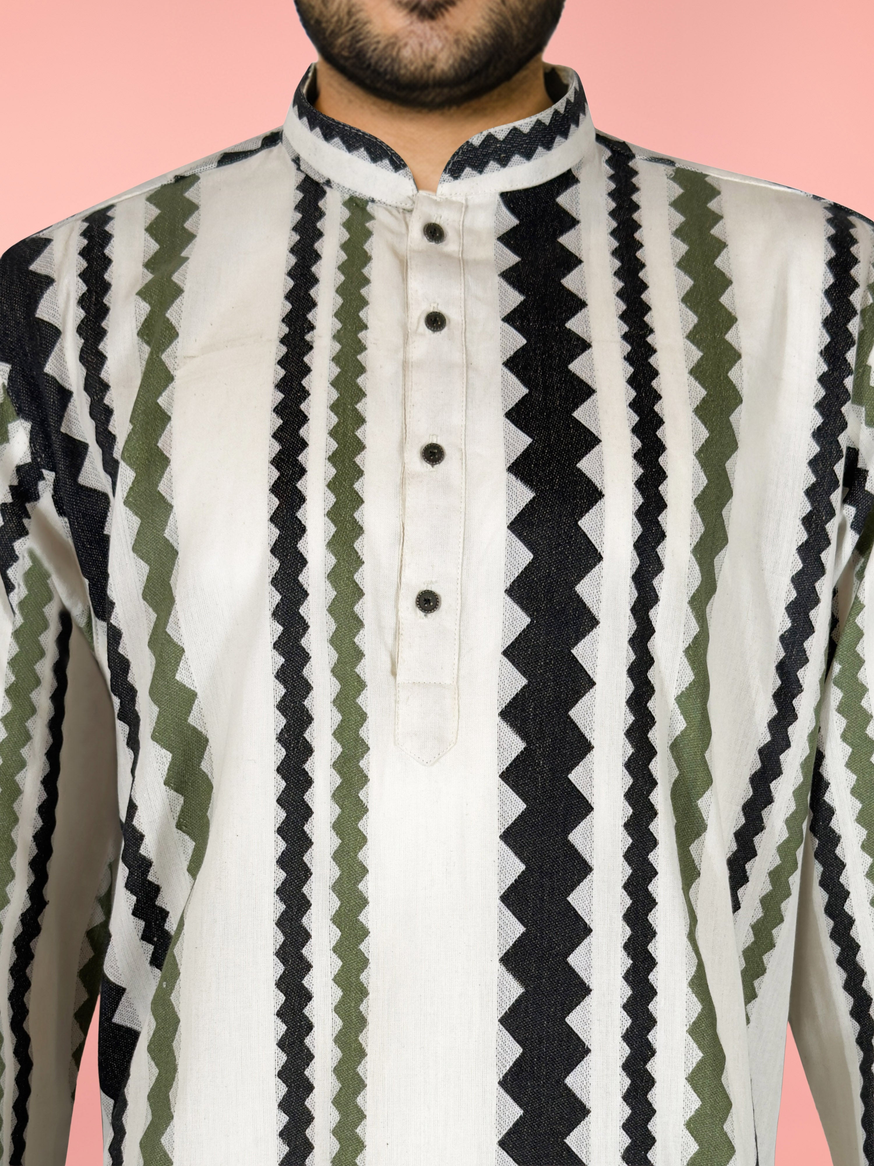 Men's Off-White Cotton Geometric Print Regular Kurta