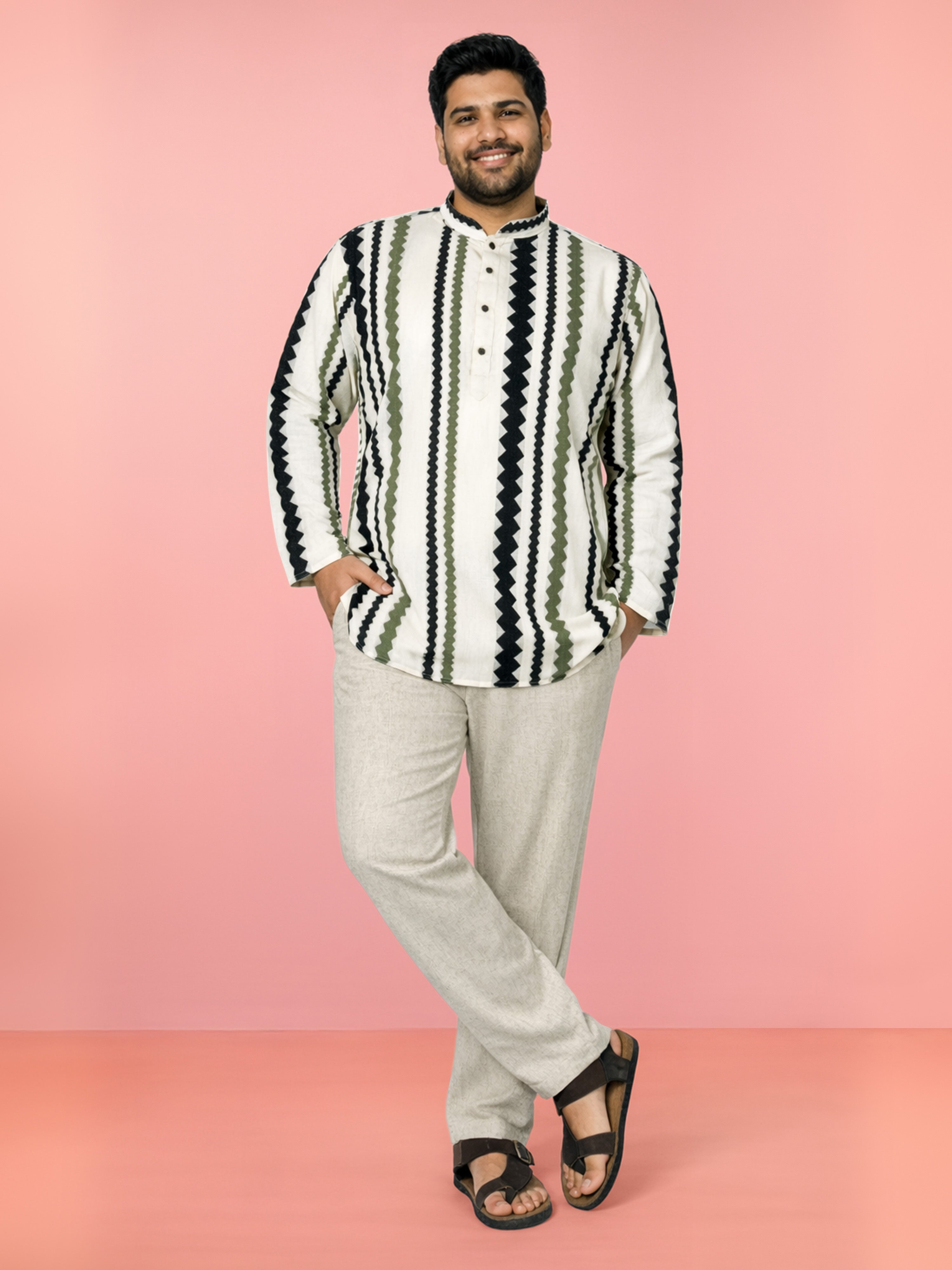 Men's Off-White Cotton Geometric Print Regular Kurta