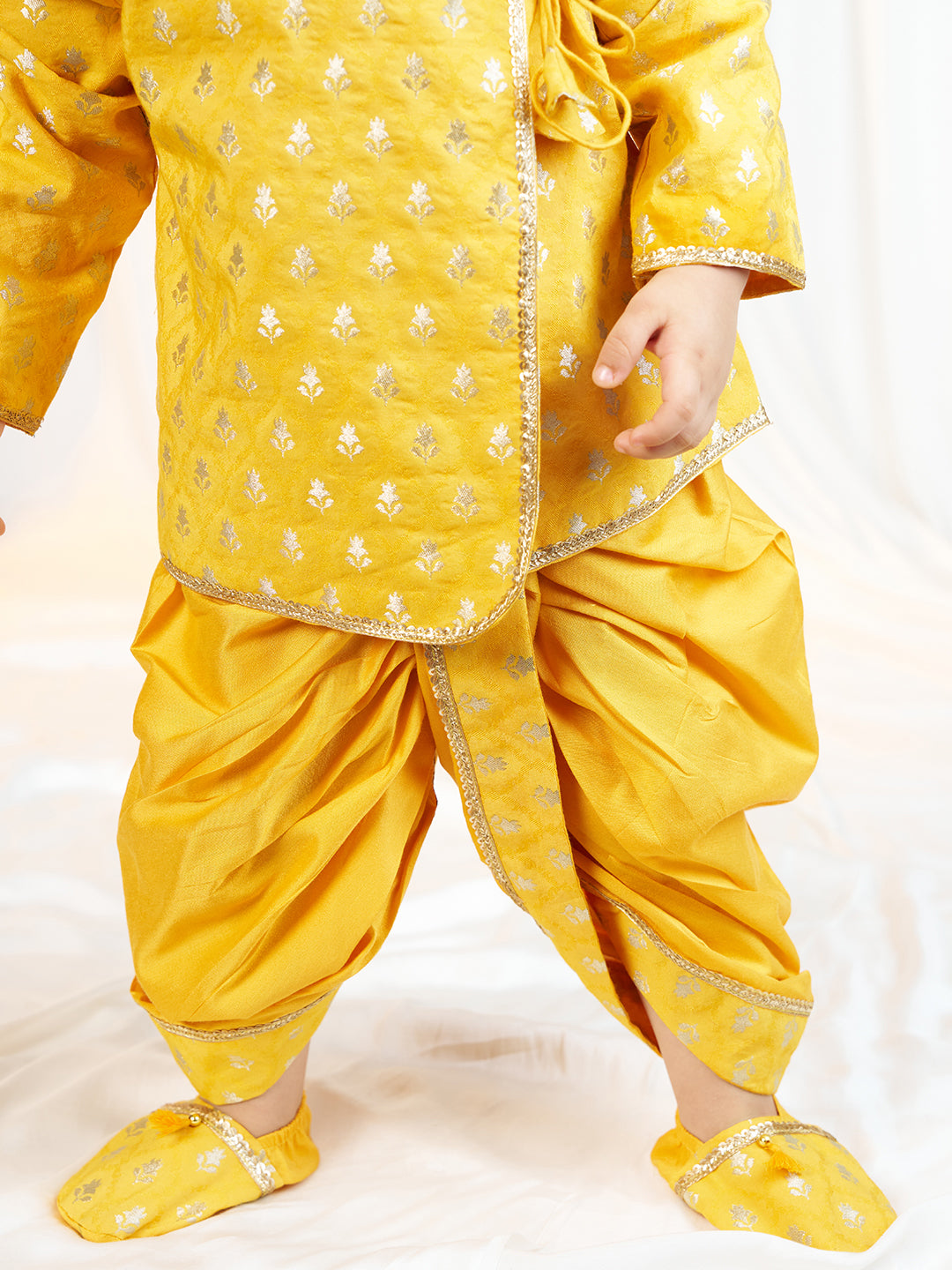 Boys Mustard Viscose Jacquard Kurta Dhoti Set with Floral Pattern