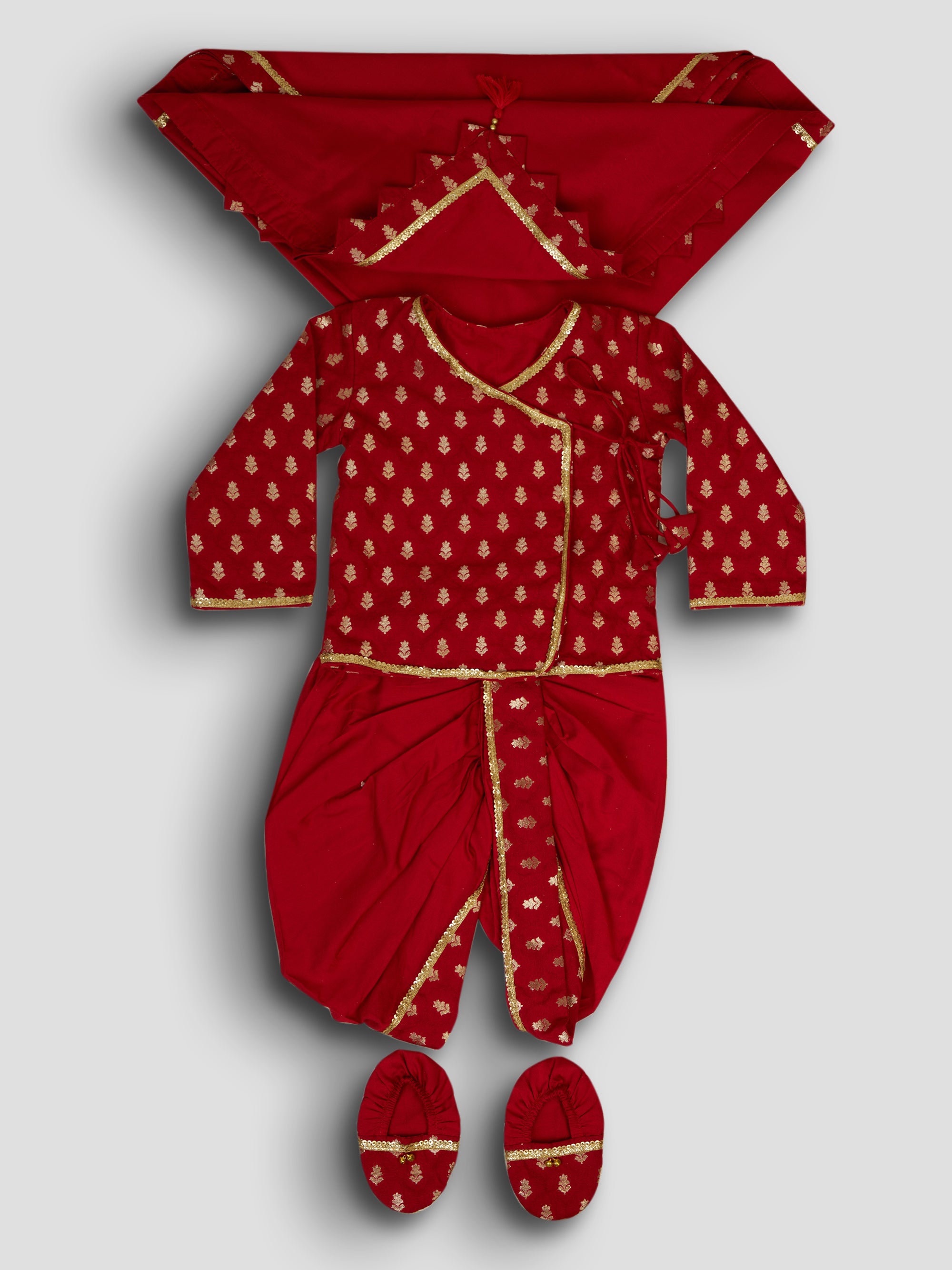 Boys Red Viscose Jacquard Kurta Dhoti Set with Floral Pattern