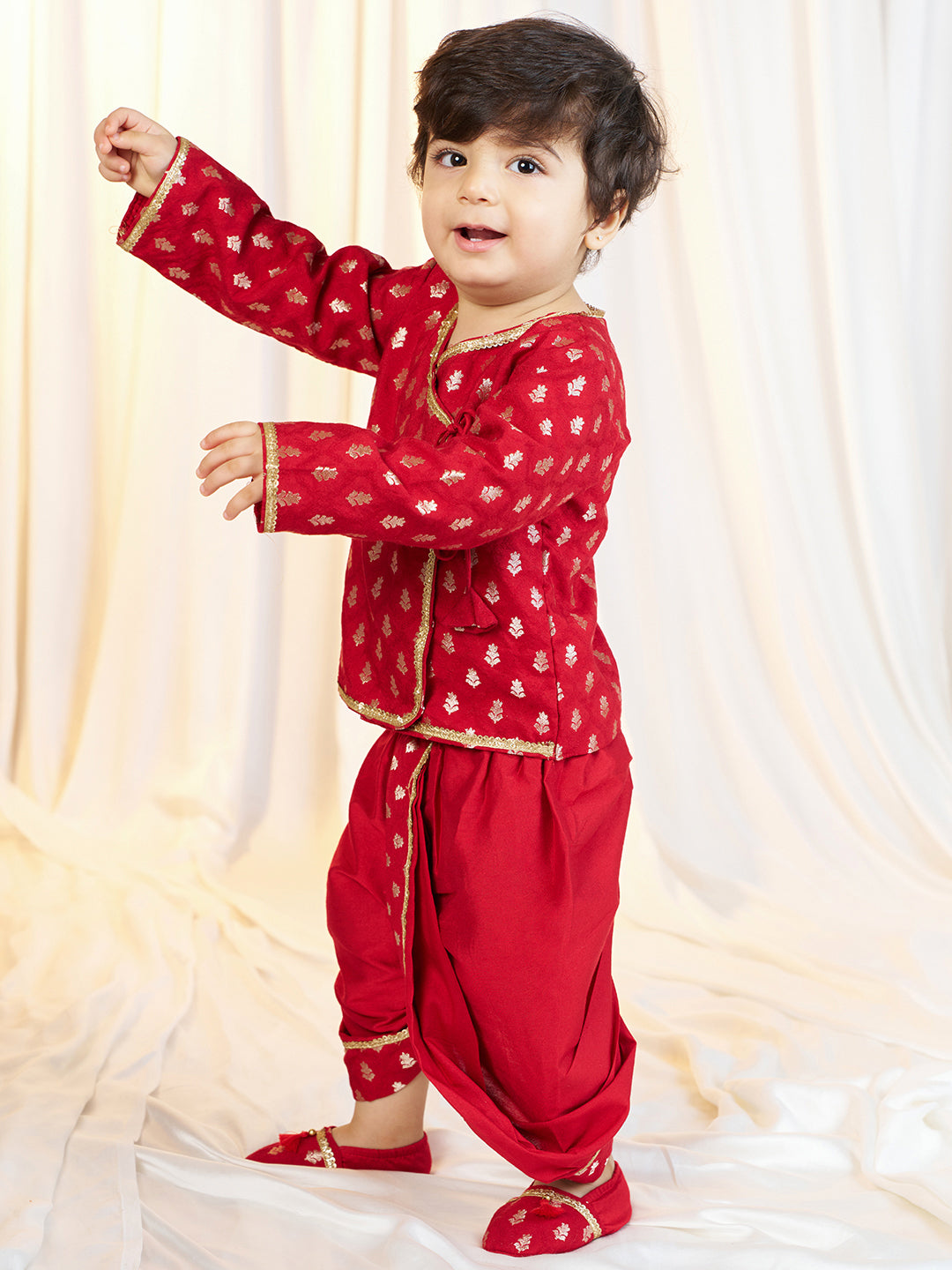 Boys Red Viscose Jacquard Kurta Dhoti Set with Floral Pattern