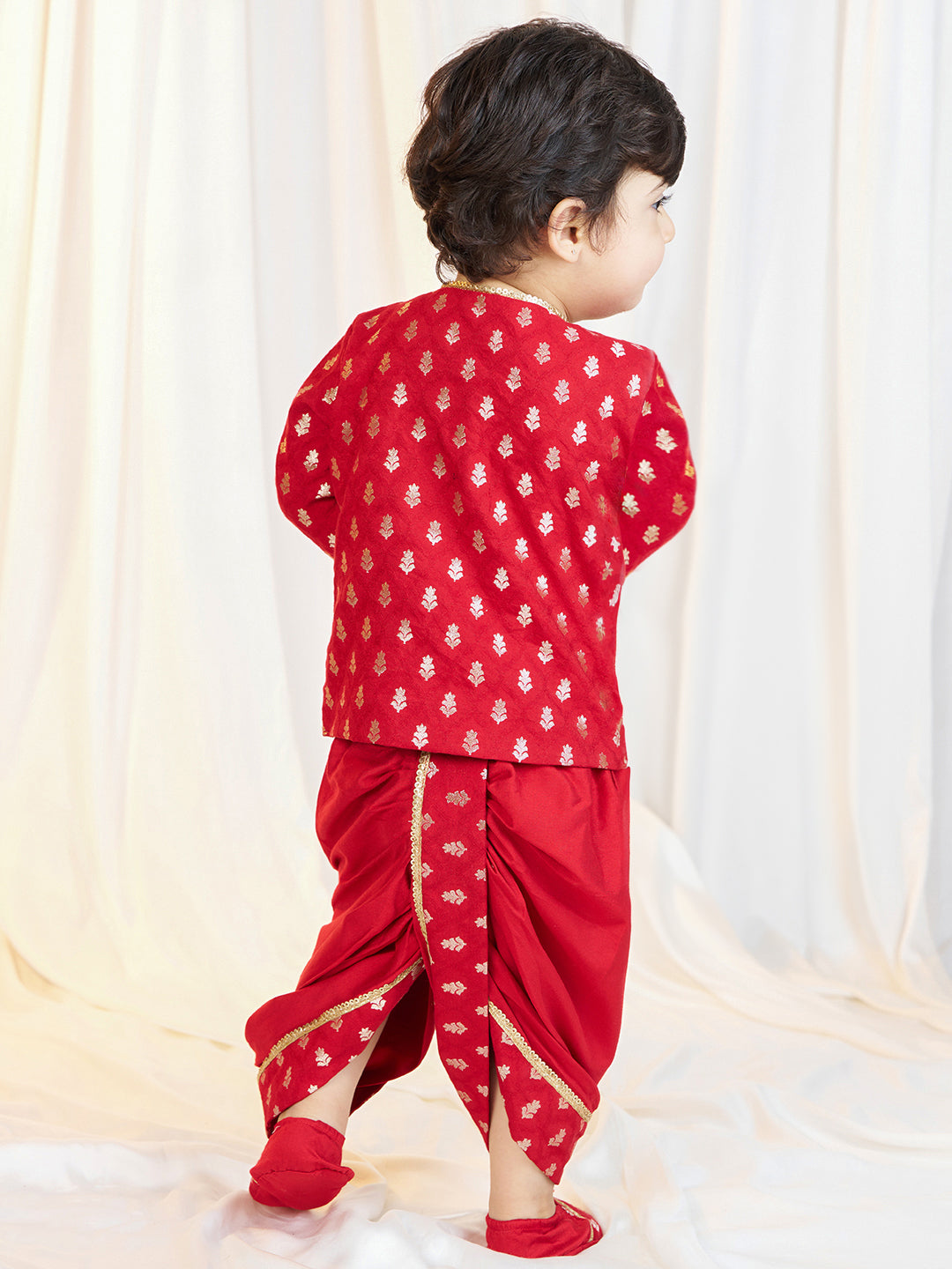 Boys Red Viscose Jacquard Kurta Dhoti Set with Floral Pattern