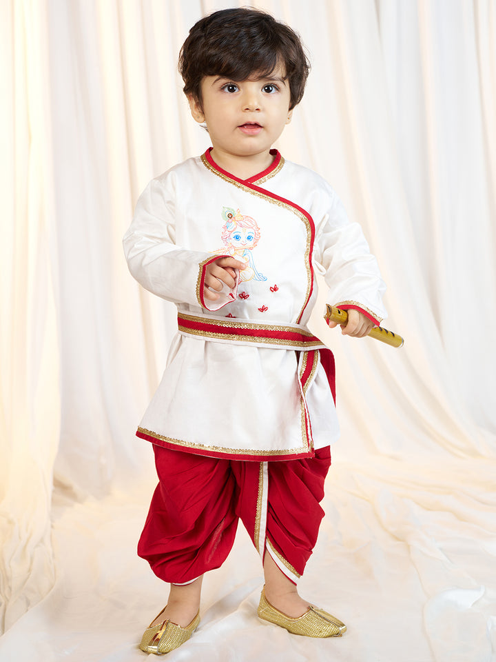 Boys White Fine Satin Kurta Dhoti Set with Flute &amp; Belt
