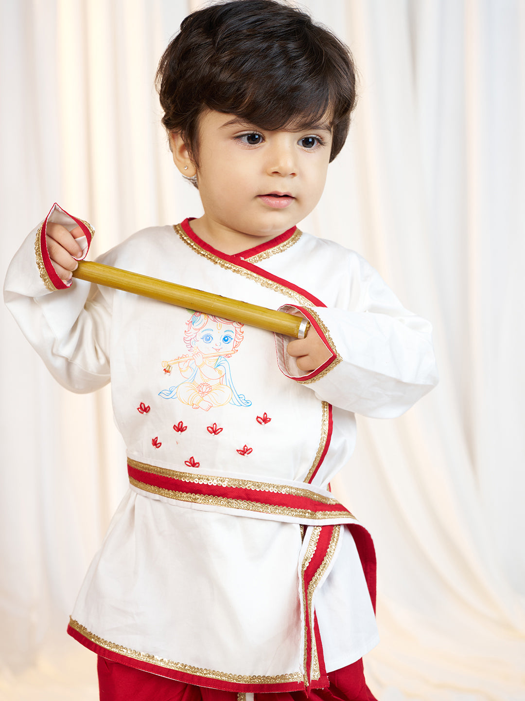 Boys White Fine Satin Kurta Dhoti Set with Flute &amp; Belt