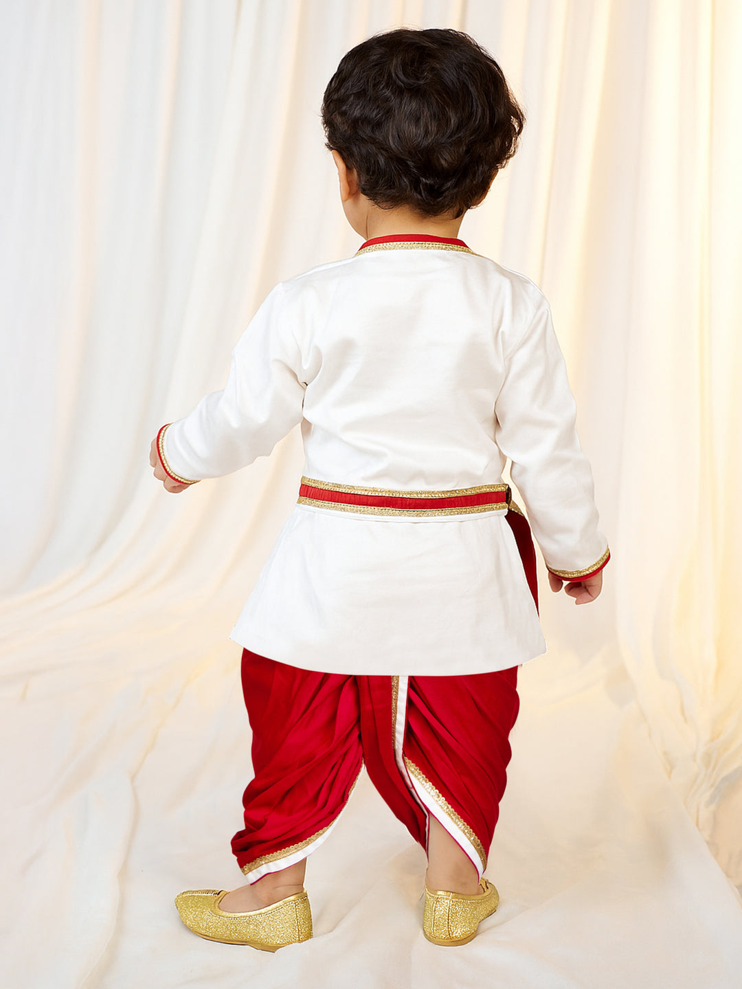 Boys White Fine Satin Kurta Dhoti Set with Flute &amp; Belt