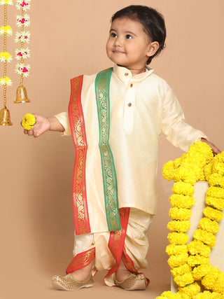 VASTRAMAY Boy's Gold-Toned Kurta with Dhoti Pants & With Dupatta