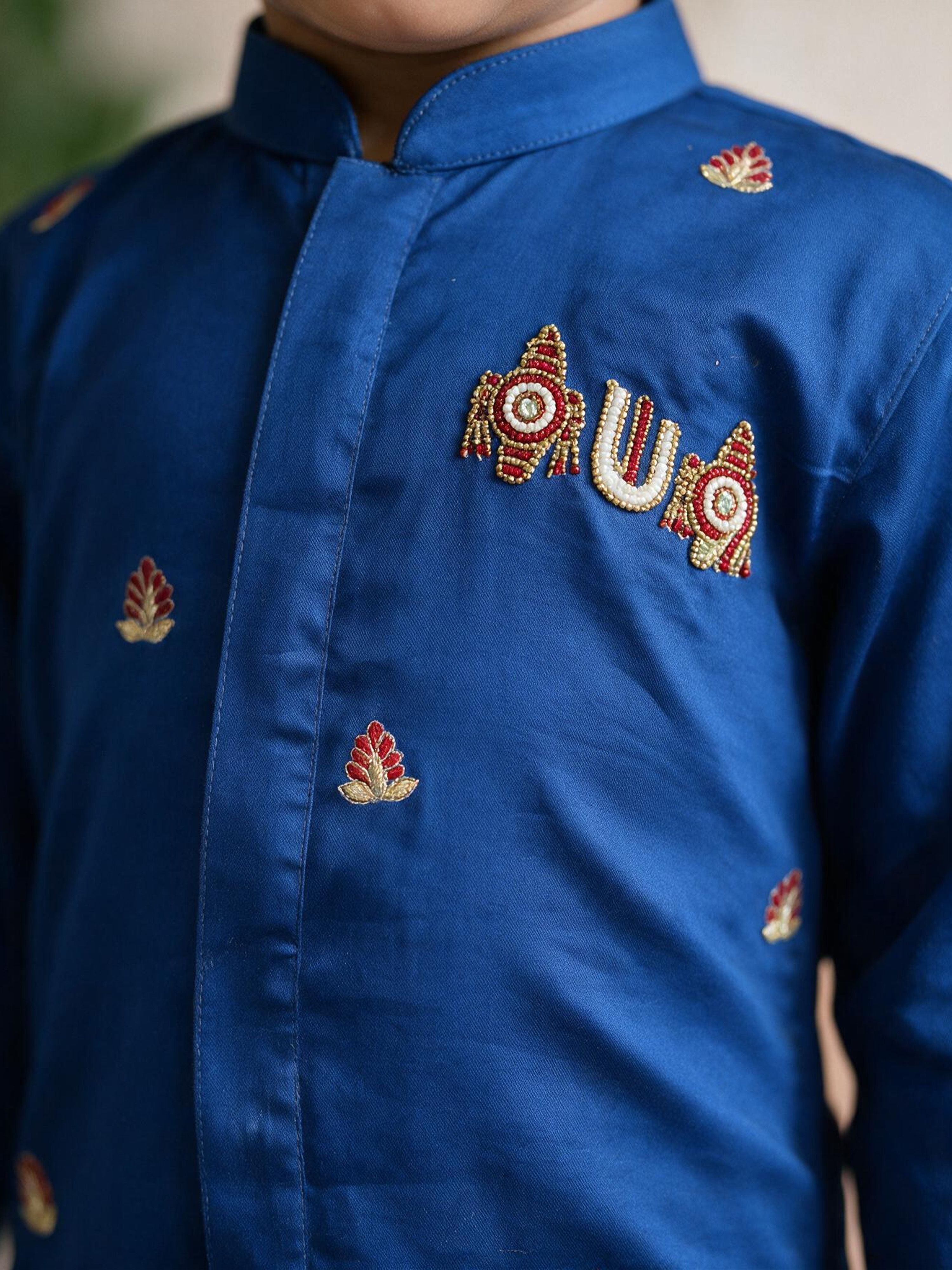 Boys's Navy Blue Cotton-Silk Embroidered Thigh Length Kurta And Dhoti Set