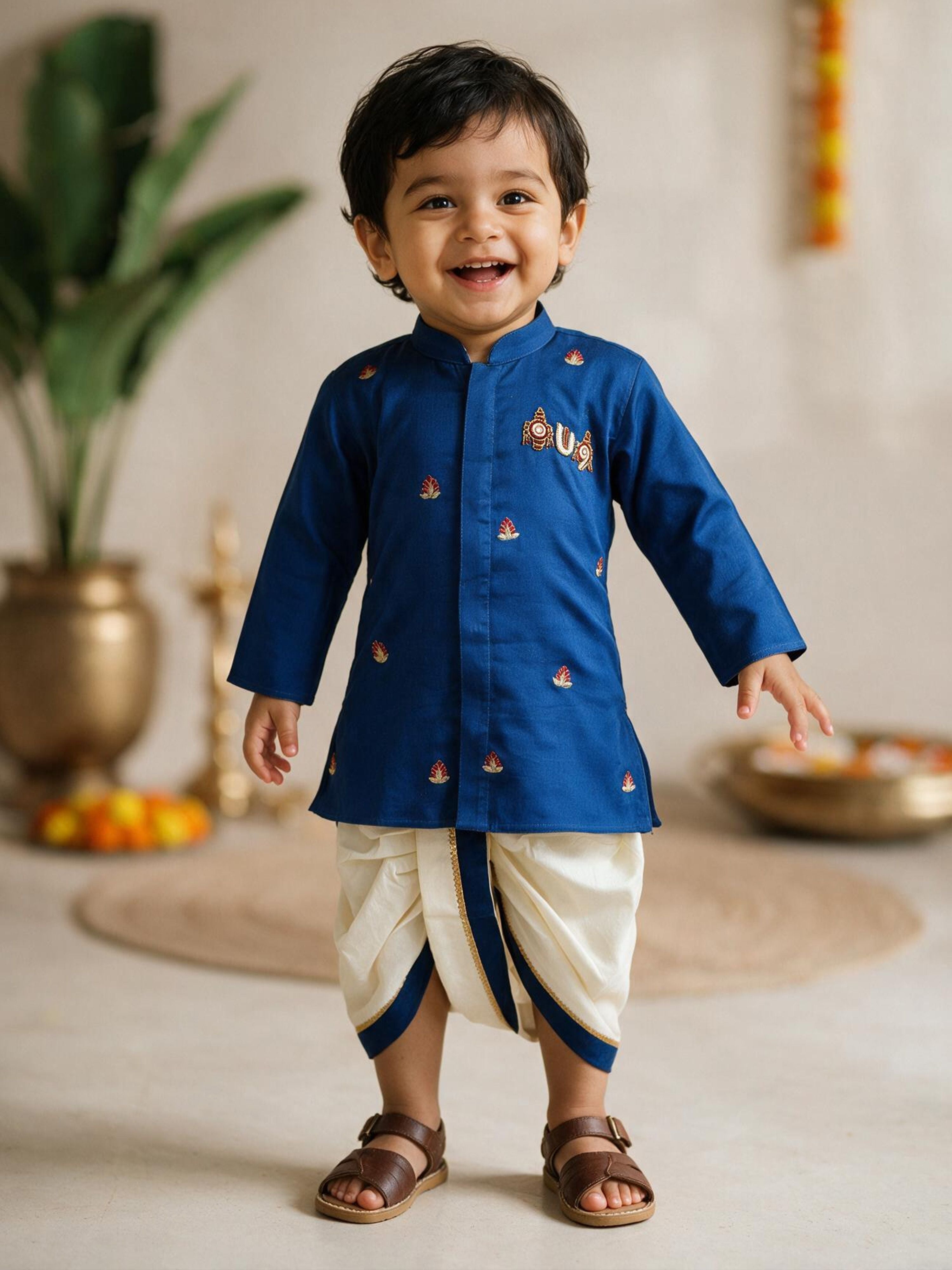 Boys's Navy Blue Cotton-Silk Embroidered Thigh Length Kurta And Dhoti Set