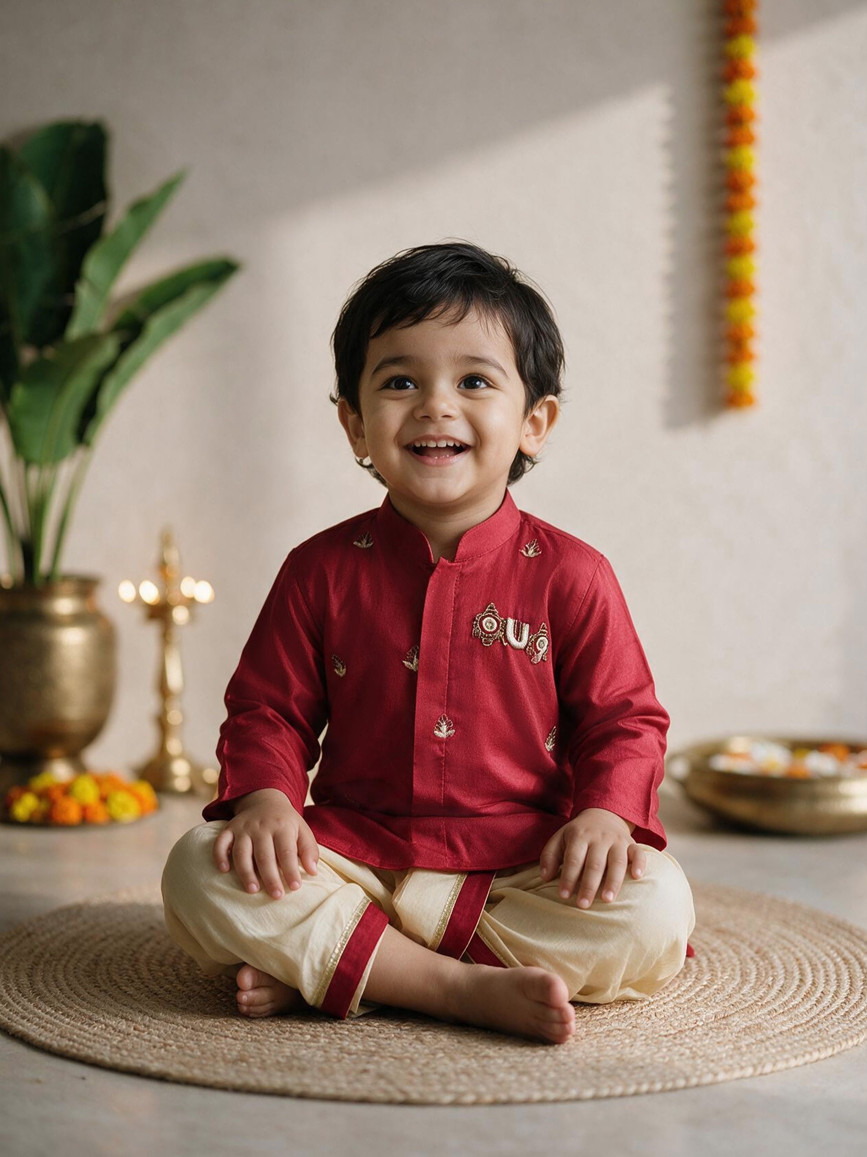 Boys Cotton-Silk Embroidered Kurta Dhoti Set - Maroon