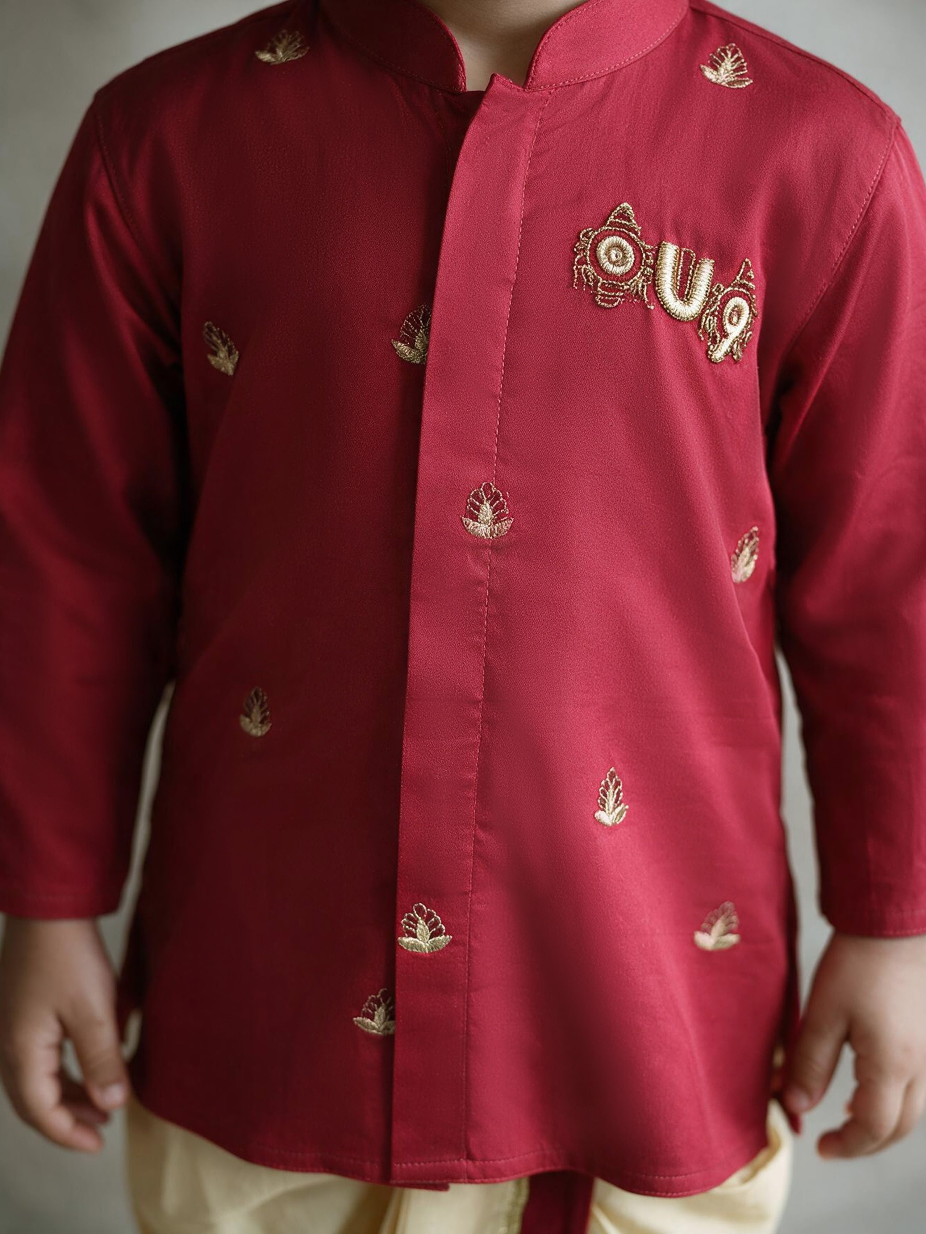 Boys's Maroon Cotton-Silk Embroidered Thigh Length Kurta And Dhoti Set