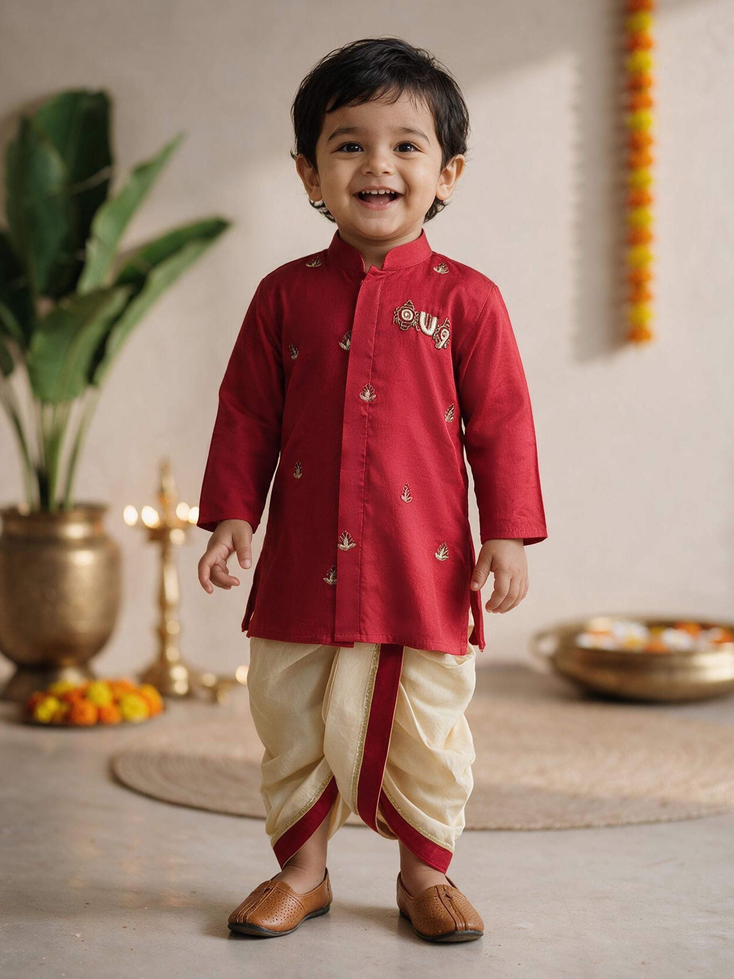Boys's Maroon Cotton-Silk Embroidered Thigh Length Kurta And Dhoti Set