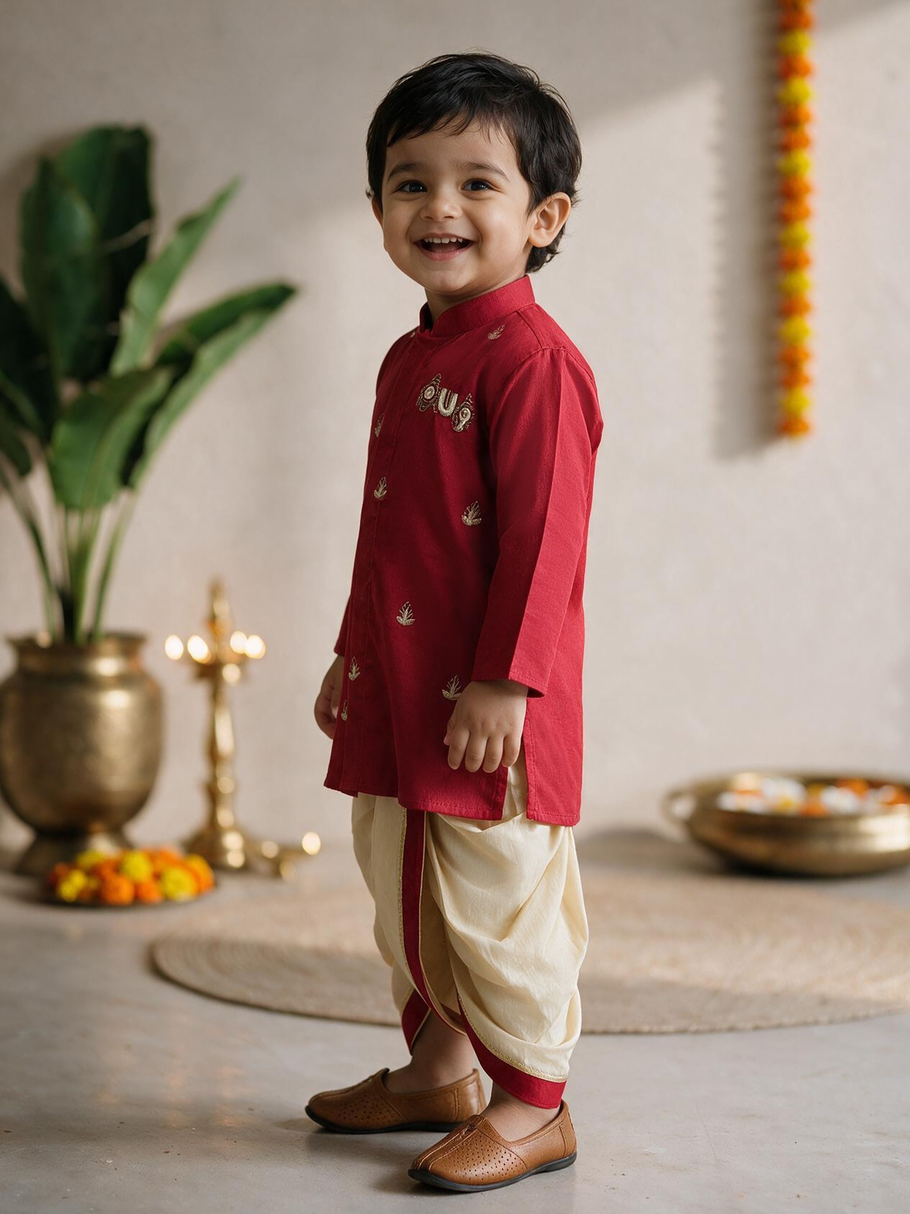 Boys's Maroon Cotton-Silk Embroidered Thigh Length Kurta And Dhoti Set