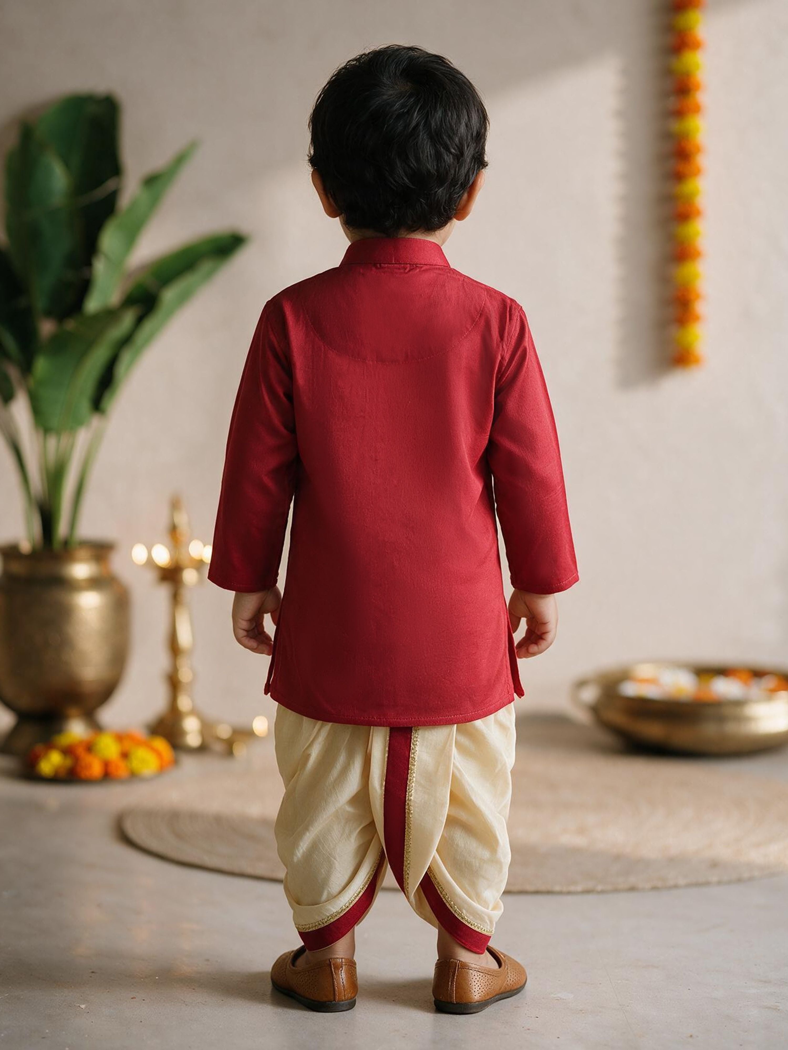 Boys's Maroon Cotton-Silk Embroidered Thigh Length Kurta And Dhoti Set