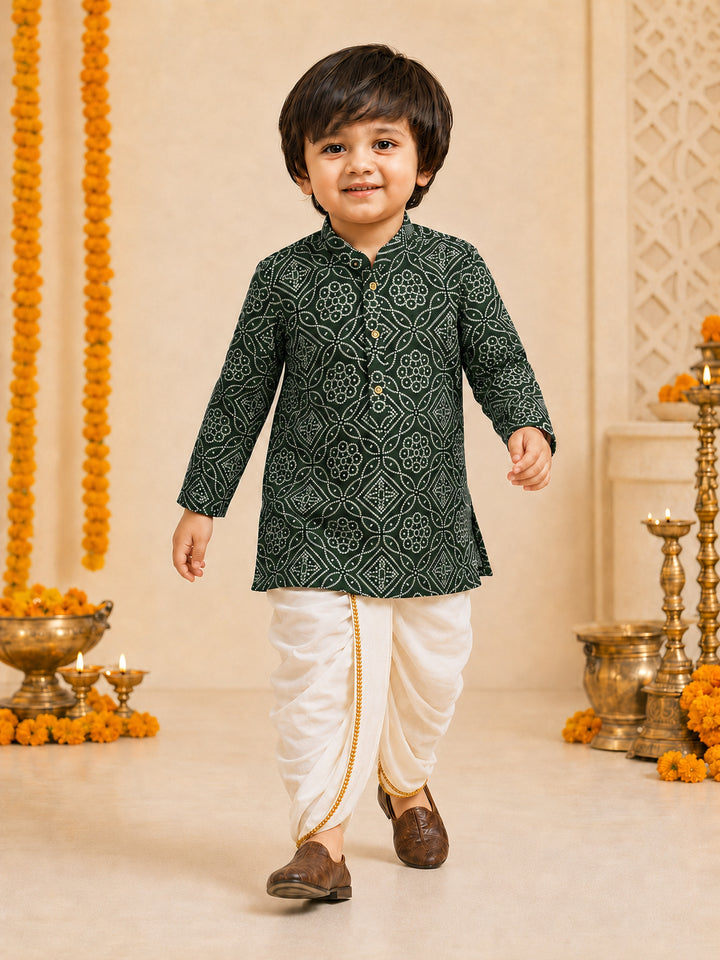 Boy Dark Green Rayon Kurta and Dhoti Set Festive, Festive Glitz, Indated Traditions, All regions, Janmastami, Raksha Bandhan Ethnic Wear