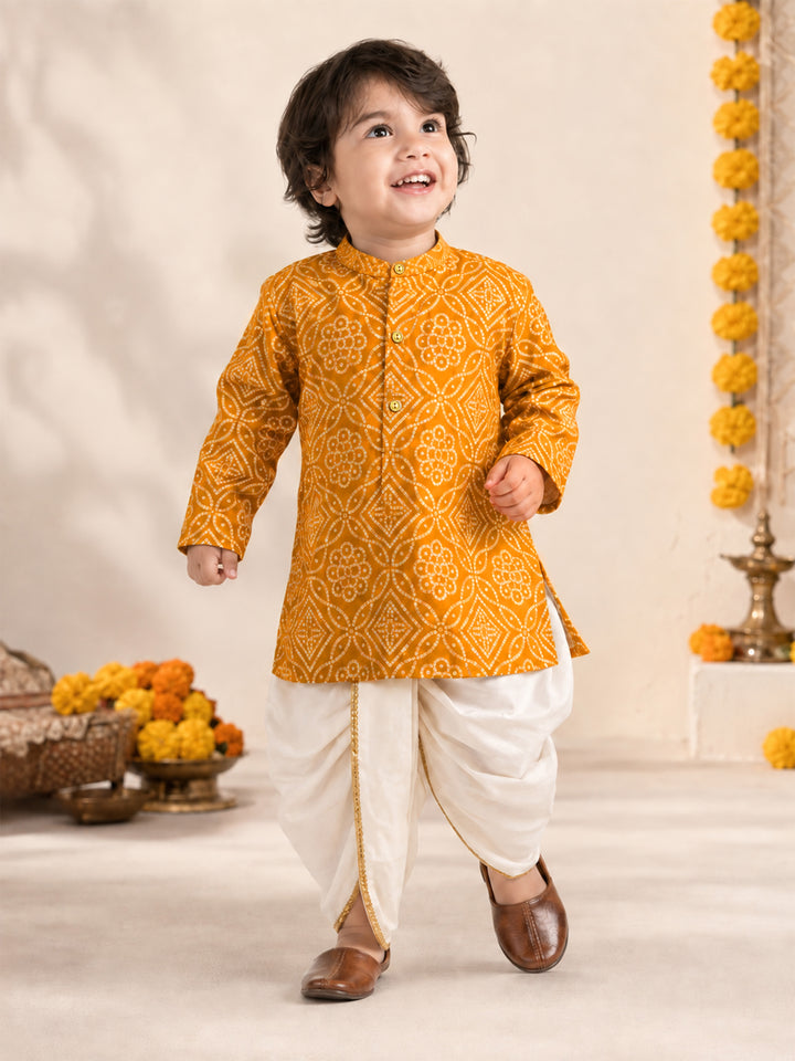 Boy Mustard Rayon Kurta and Dhoti Set Festive, Festive Glitz, Indated Traditions, All regions, Janmastami, Raksha Bandhan Ethnic Wear