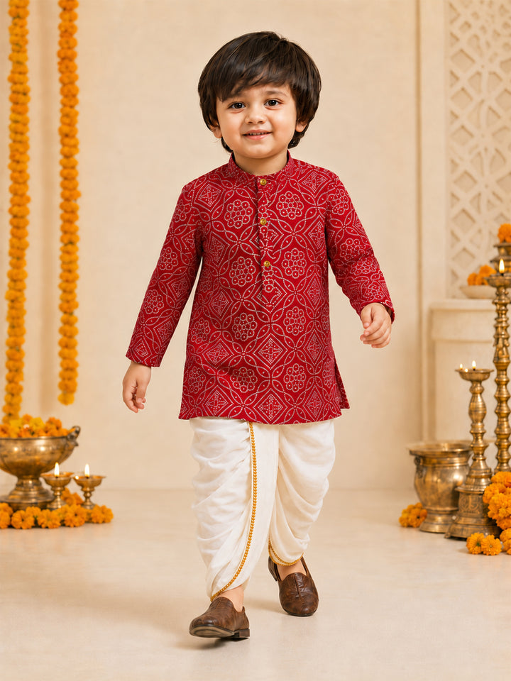 Boy Red Rayon Kurta and Dhoti Set Festive, Festive Glitz, Indated Traditions, All regions, Janmastami, Raksha Bandhan Ethnic Wear