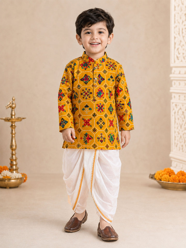 Boy Mustard Rayon Kurta and Dhoti Set Festive, Festive Glitz, Indated Traditions, All regions, Raksha Bandhan, Navratri Ethnic Wear