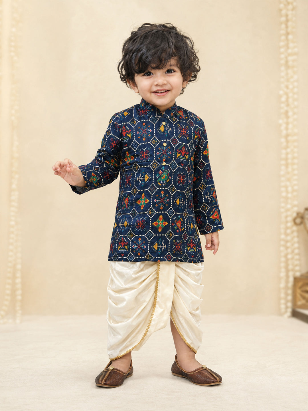 Boy Navy Blue Rayon Kurta and Dhoti Set Festive, Festive Glitz, Indated Traditions, All regions, Raksha Bandhan, Navratri Ethnic Wear