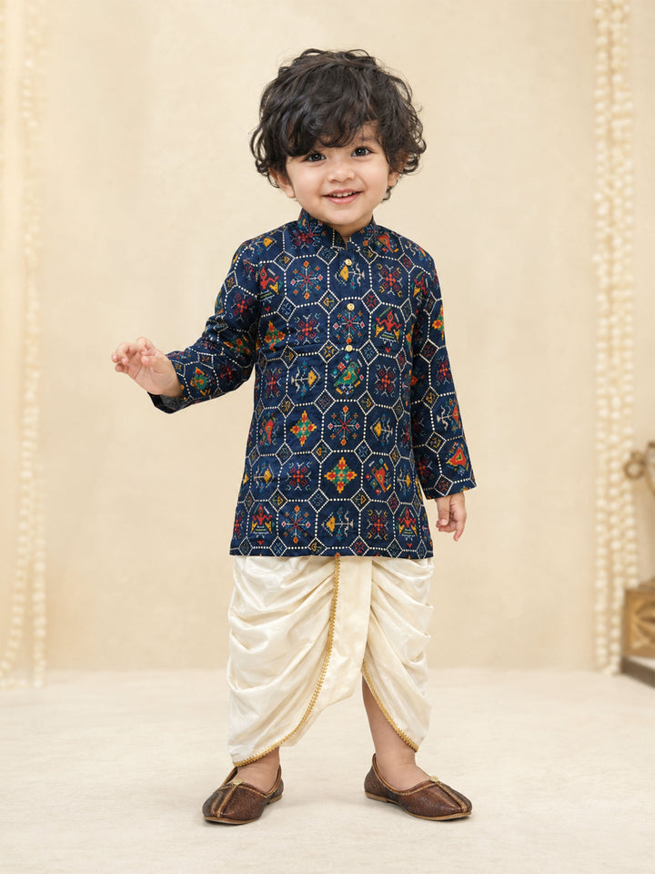 Boy Navy Blue Rayon Kurta and Dhoti Set Festive, Festive Glitz, Indated Traditions, All regions, Raksha Bandhan, Navratri Ethnic Wear