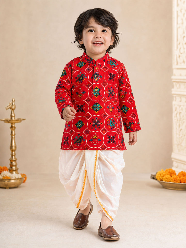 Boy Red Rayon Kurta and Dhoti Set Festive, Festive Glitz, Indated Traditions, All regions, Raksha Bandhan, Navratri Ethnic Wear