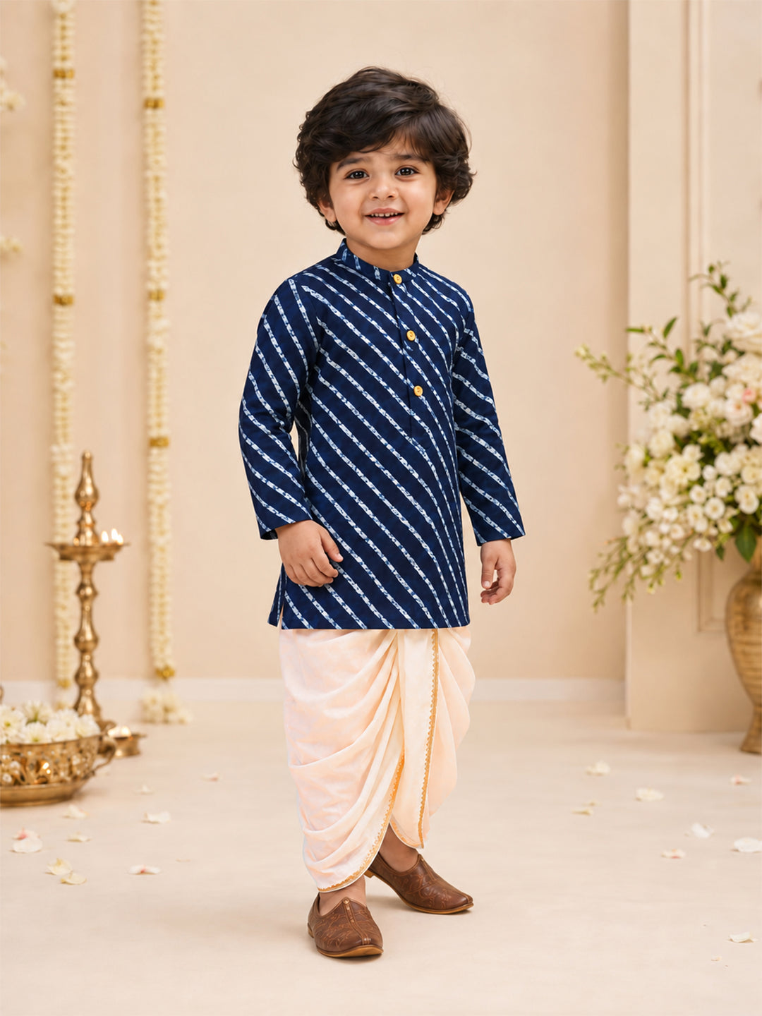 Boy Navy Blue Rayon Kurta and Dhoti Set Festive, Festive Glitz, Indated Traditions, All regions, Raksha Bandhan, Navratri Ethnic Wear