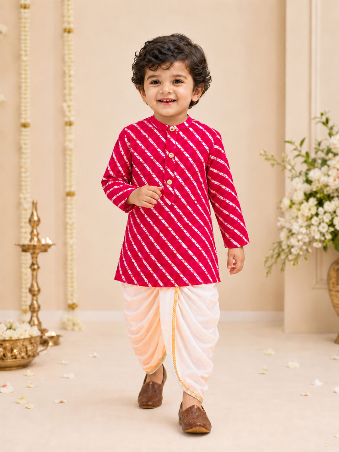 Boy Pink Rayon Kurta and Dhoti Set Festive, Festive Glitz, Indated Traditions, All regions, Raksha Bandhan, Navratri Ethnic Wear