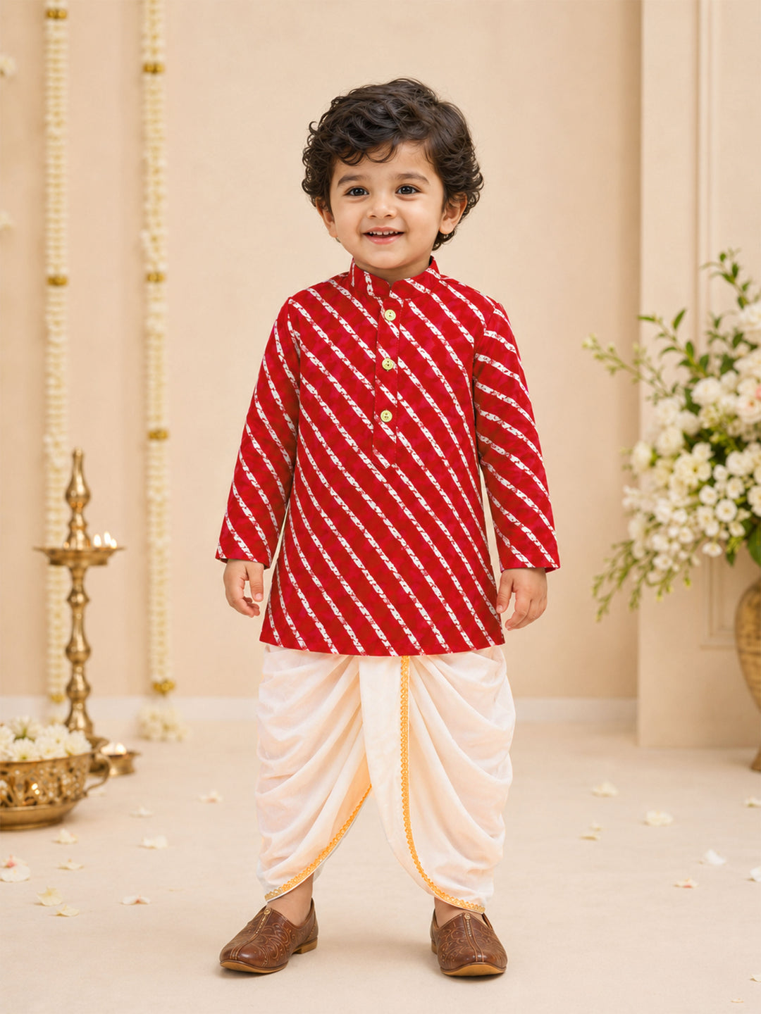 Boy Red Rayon Kurta and Dhoti Set Festive, Festive Glitz, Indated Traditions, All regions, Raksha Bandhan, Navratri Ethnic Wear
