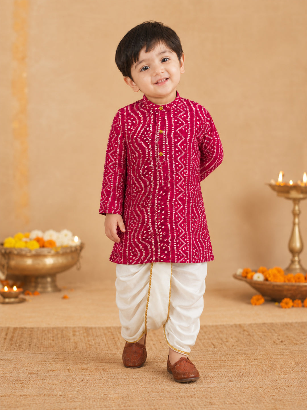 Boy Pink Rayon Kurta and Dhoti Set Festive, Festive Glitz, Indated Traditions, All regions, Raksha Bandhan, Navratri Ethnic Wear