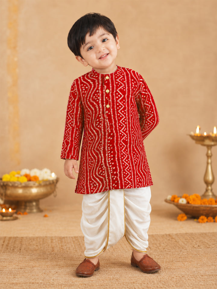 Boy Red Rayon Kurta and Dhoti Set Festive, Festive Glitz, Indated Traditions, All regions, Raksha Bandhan, Navratri Ethnic Wear