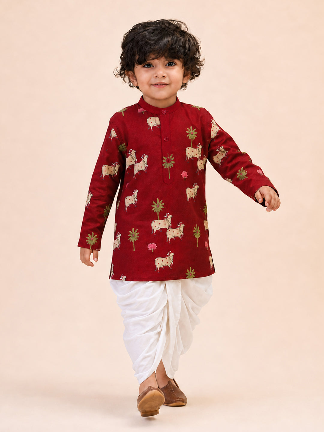 Boy Maroon Cotton Kurta and Dhoti Set Festive, Festive Glitz, Indated Traditions, All regions, Raksha Bandhan, Navratri Ethnic Wear
