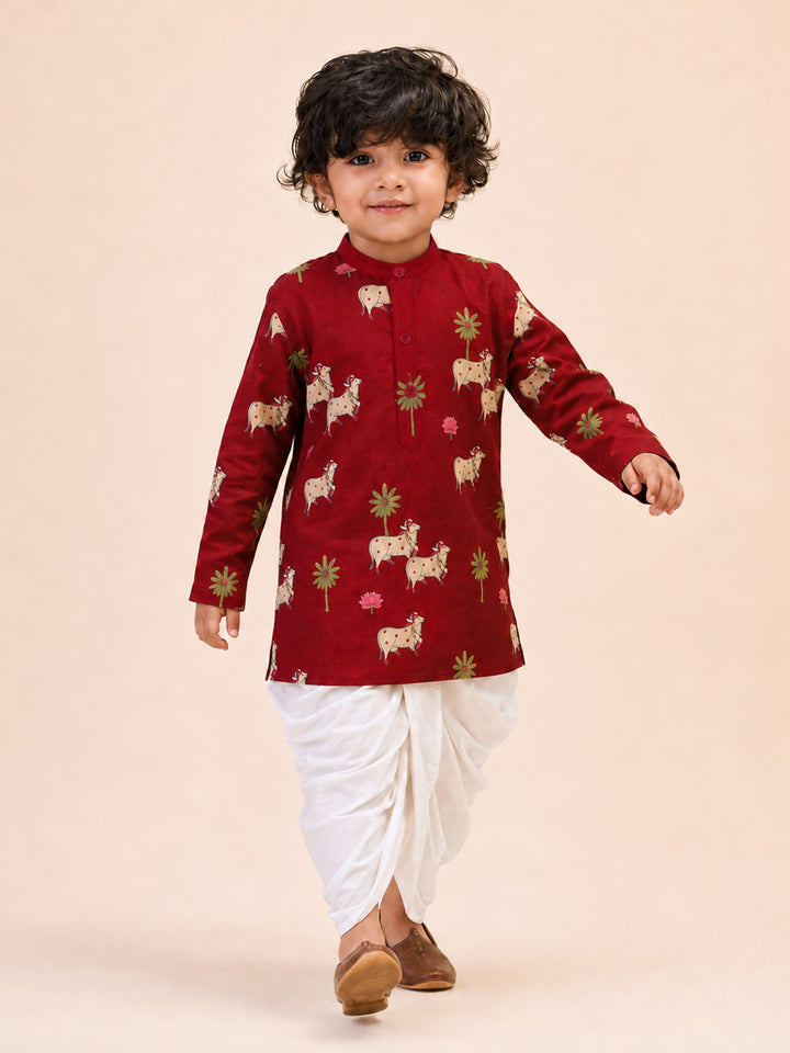 Boy Maroon Cotton Kurta and Dhoti Set Festive, Festive Glitz, Indated Traditions, All regions, Raksha Bandhan, Navratri Ethnic Wear