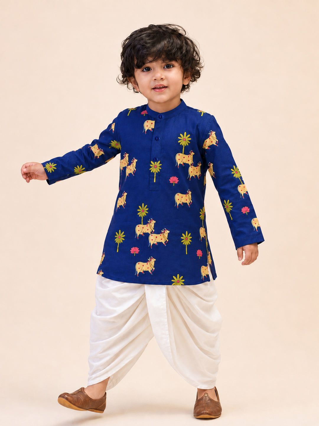 Boy Navy Blue Cotton Kurta and Dhoti Set Festive, Festive Glitz, Indated Traditions, All regions, Raksha Bandhan, Navratri Ethnic Wear