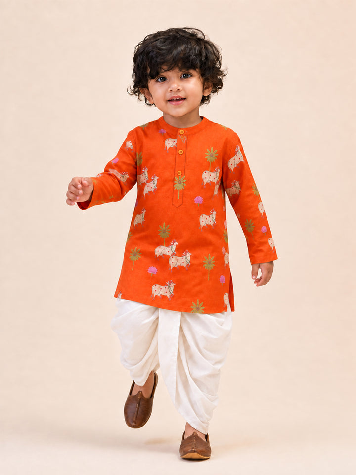 Boy Orange Cotton Kurta and Dhoti Set Festive, Festive Glitz, Indated Traditions, All regions, Raksha Bandhan, Navratri Ethnic Wear
