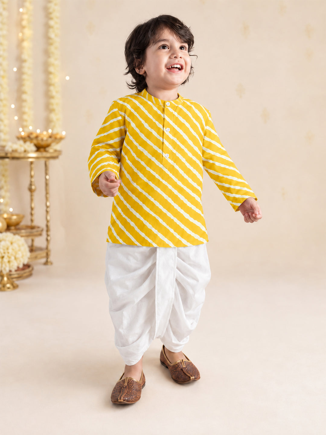 Boy Yellow Cotton Kurta and Dhoti Set Festive, Festive Glitz, Indated Traditions, All regions, Raksha Bandhan, Navratri Ethnic Wear